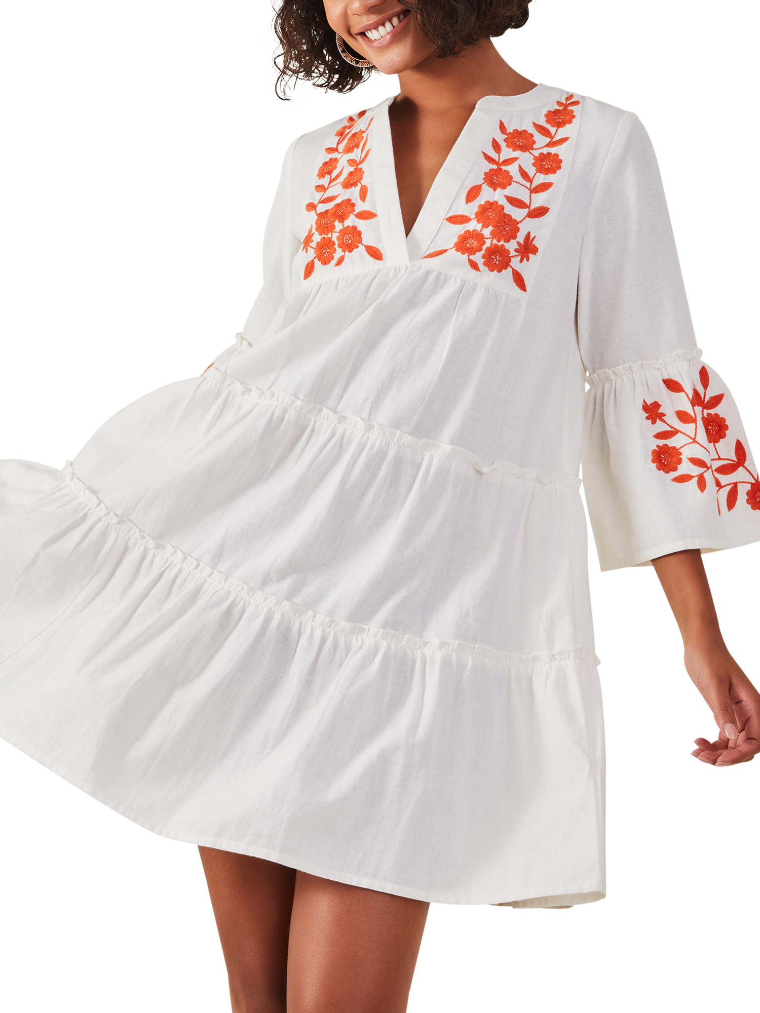 Accessorize Embroidered Flute Sleeve Beach Dress, Ivory