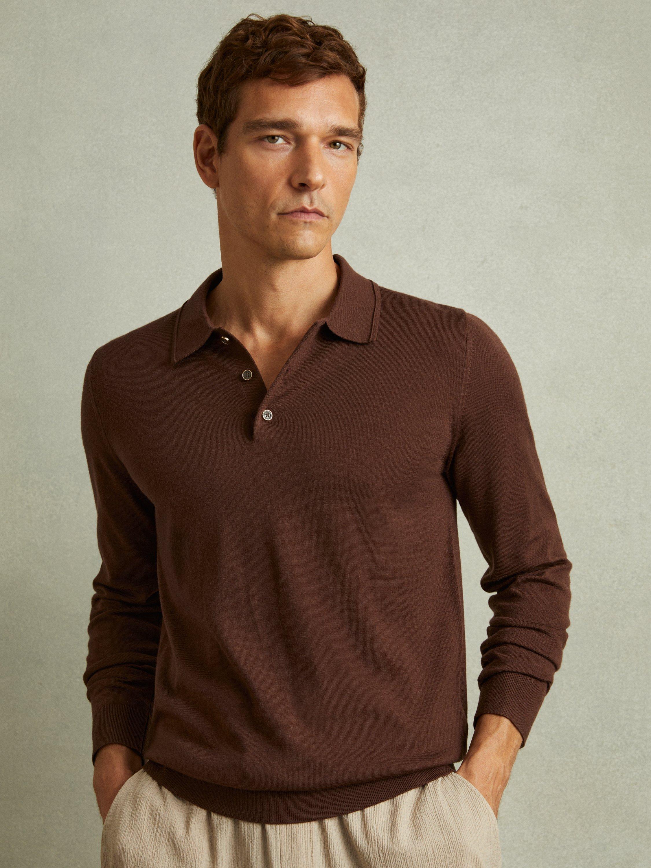 Product image 1 of 5, which shows Reiss Trafford Wool Polo Shirt, Treacle Brown, XL