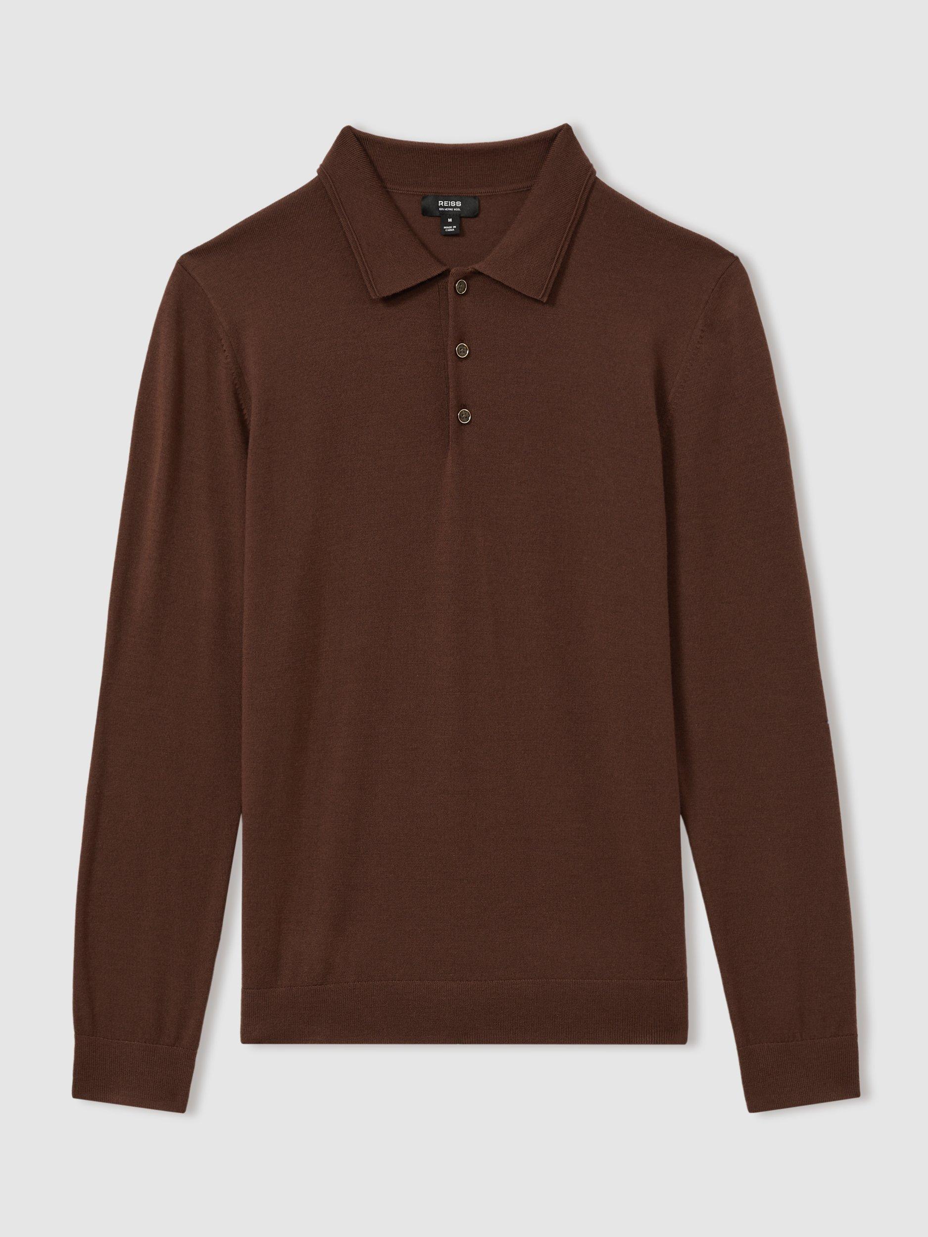 Product image 4 of 5, which shows Reiss Trafford Wool Polo Shirt, Treacle Brown, XL
