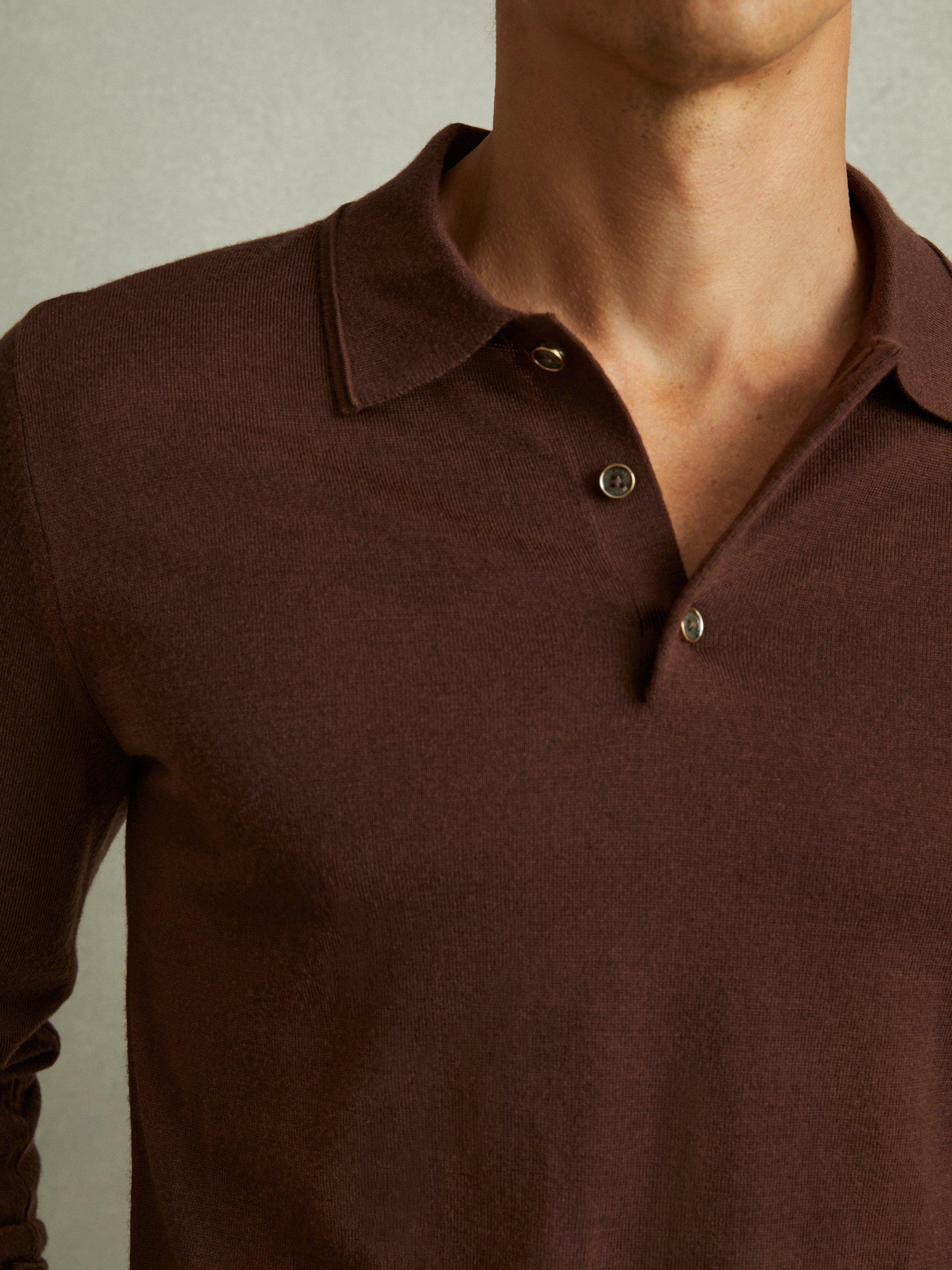 Product image 5 of 5, which shows Reiss Trafford Wool Polo Shirt, Treacle Brown, XL