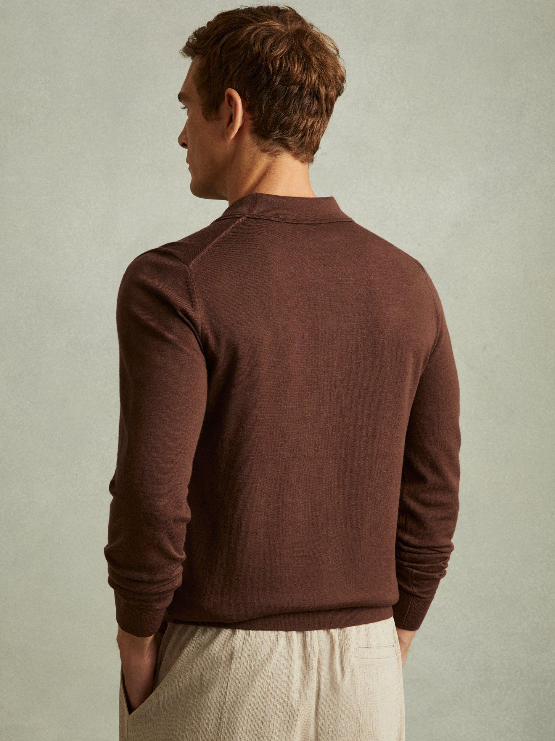 Product image 2 of 5, which shows Reiss Trafford Wool Polo Shirt, Treacle Brown, XL