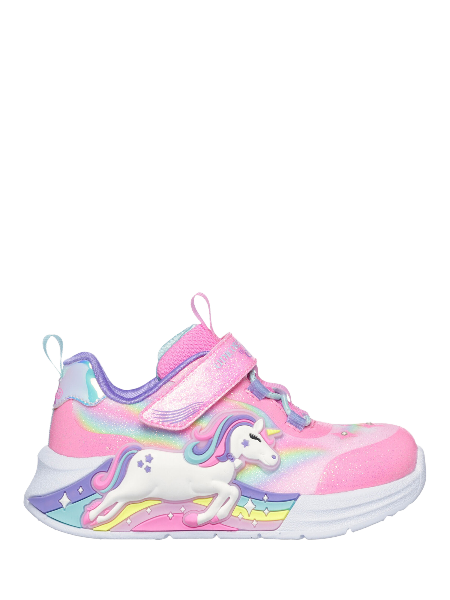Product image 1 of 2, which shows Skechers Kids' S-Lights® Unicorn Chaser Trainers, Pktm, EU21