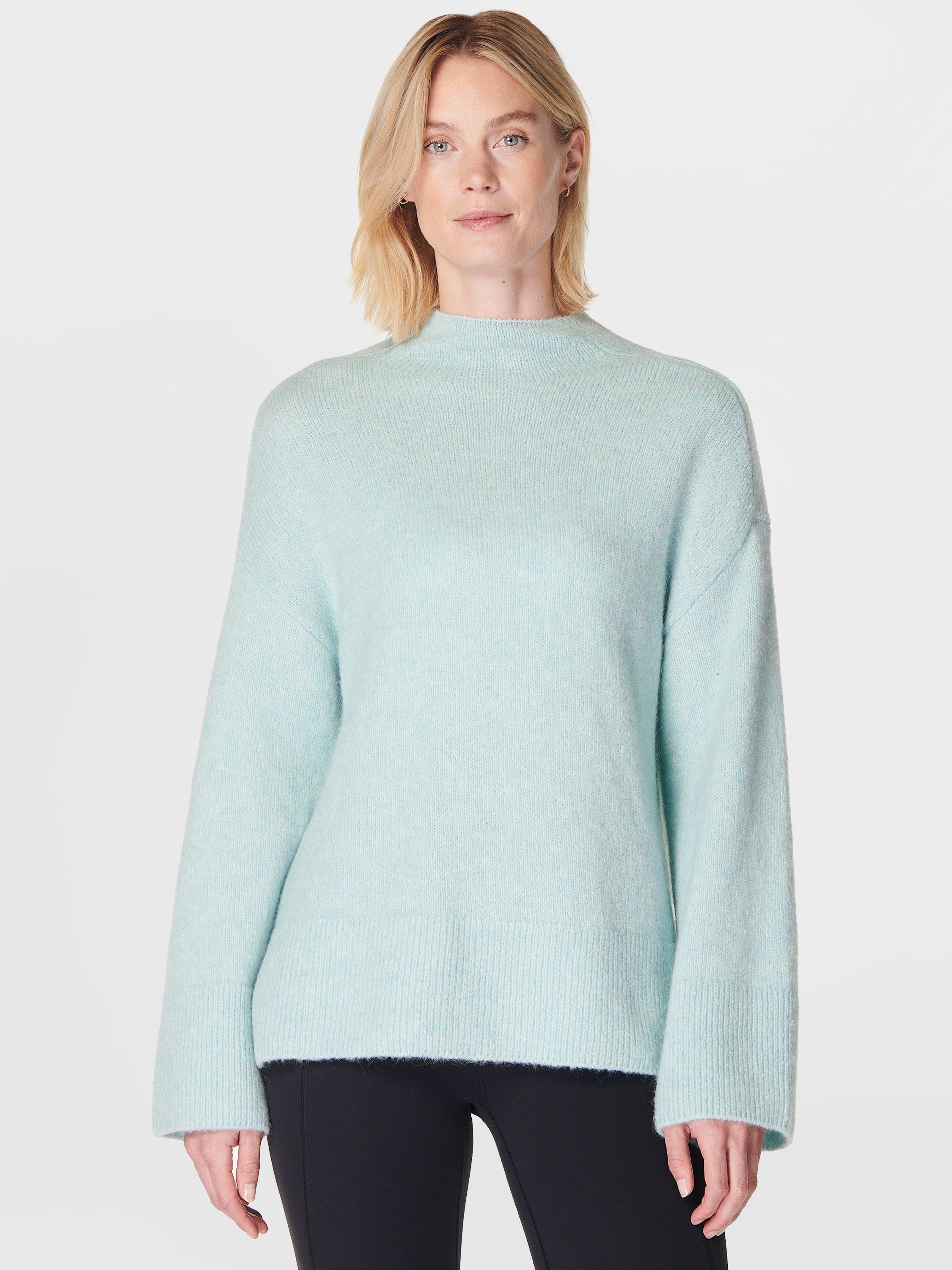 Sweaty Betty Pinnacle Wool Blend Funnel Neck Jumper, Muted Teal Blue