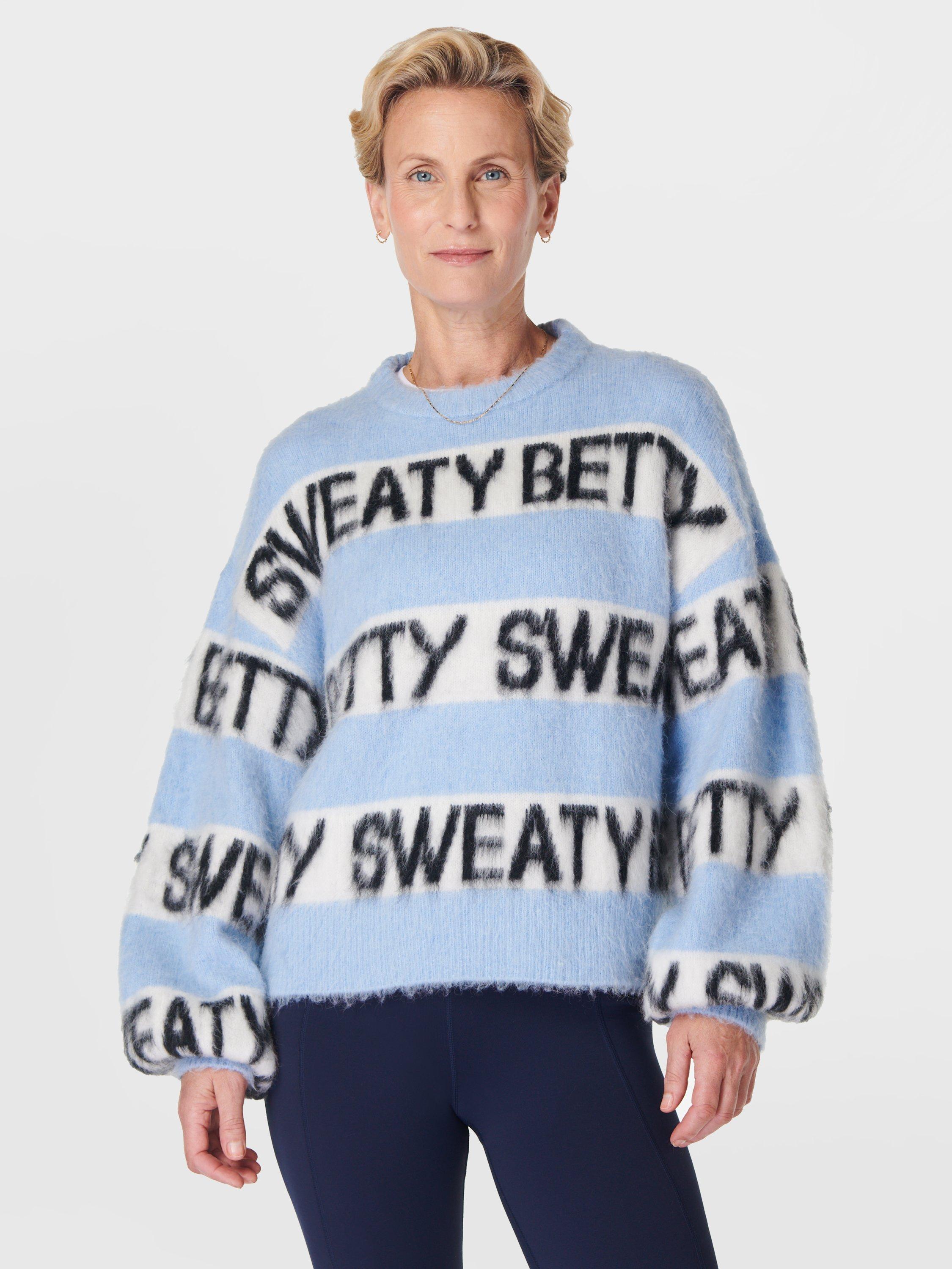 Sweaty Betty Logo Stripe Wool Blend Jumper, Breeze Blue