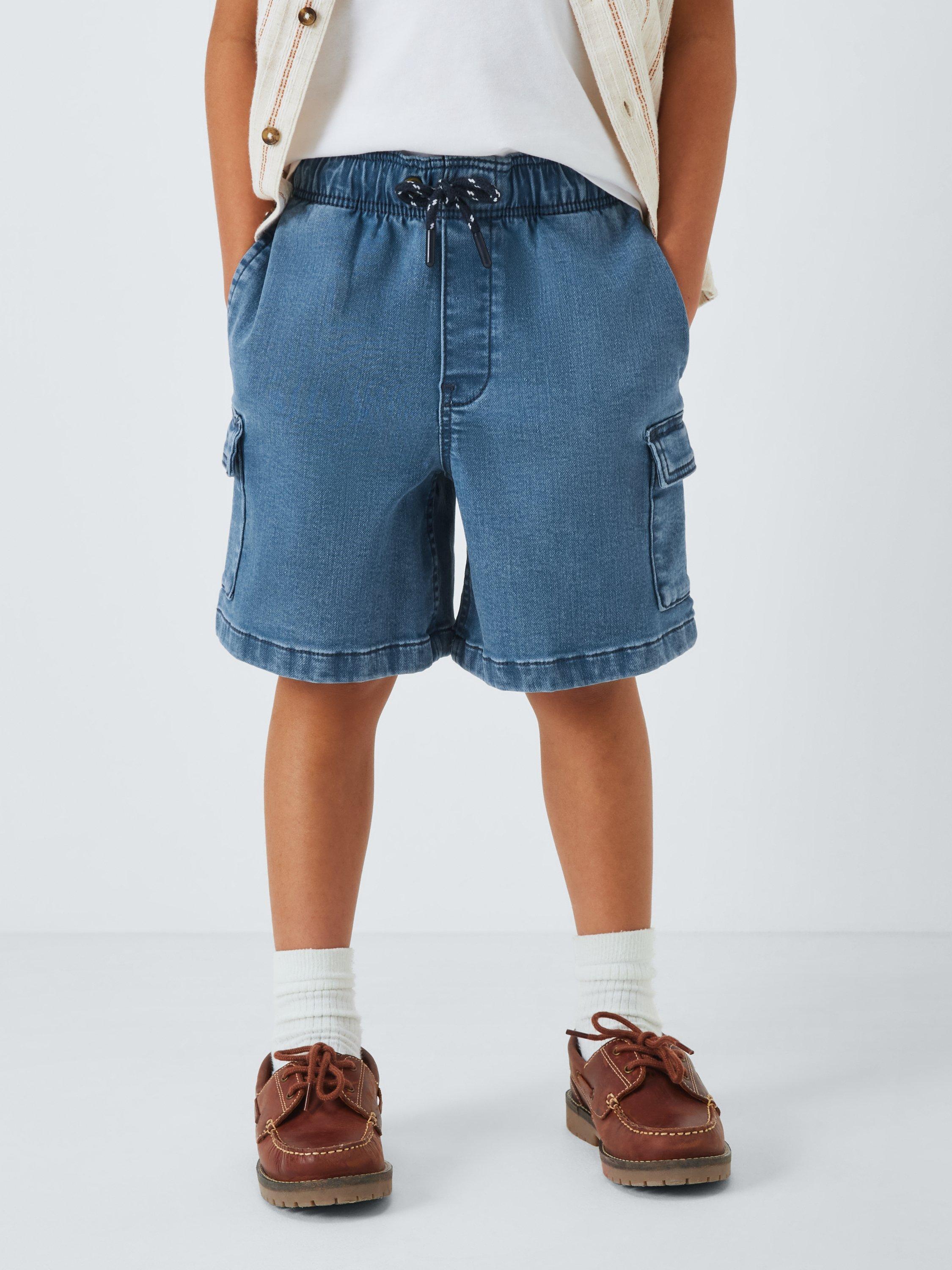 Product image 1 of 7, which shows John Lewis Kids' Cargo Pull On Denim Shorts, Blue Wash, 2 years
