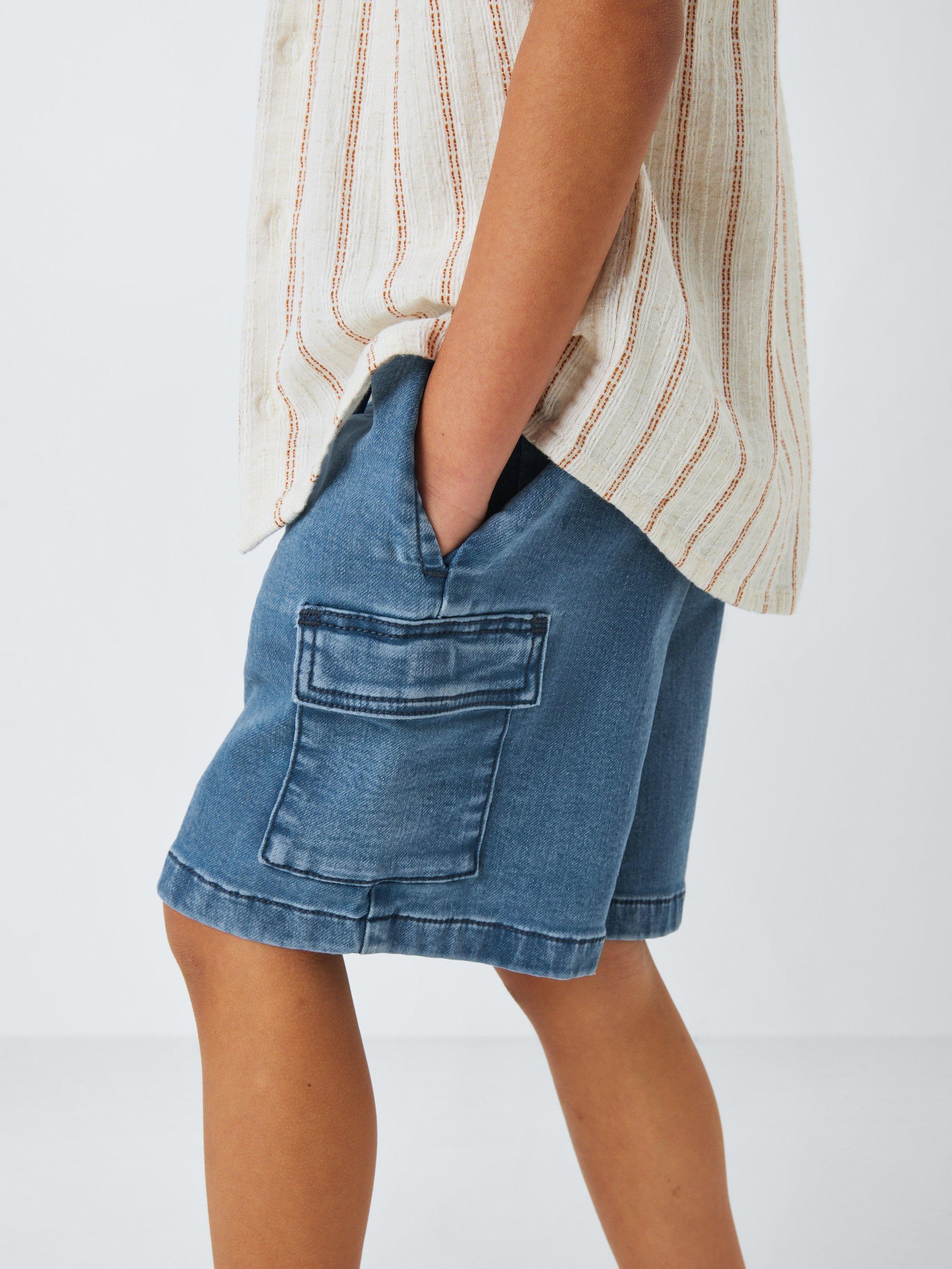 Product image 7 of 7, which shows John Lewis Kids' Cargo Pull On Denim Shorts, Blue Wash, 2 years