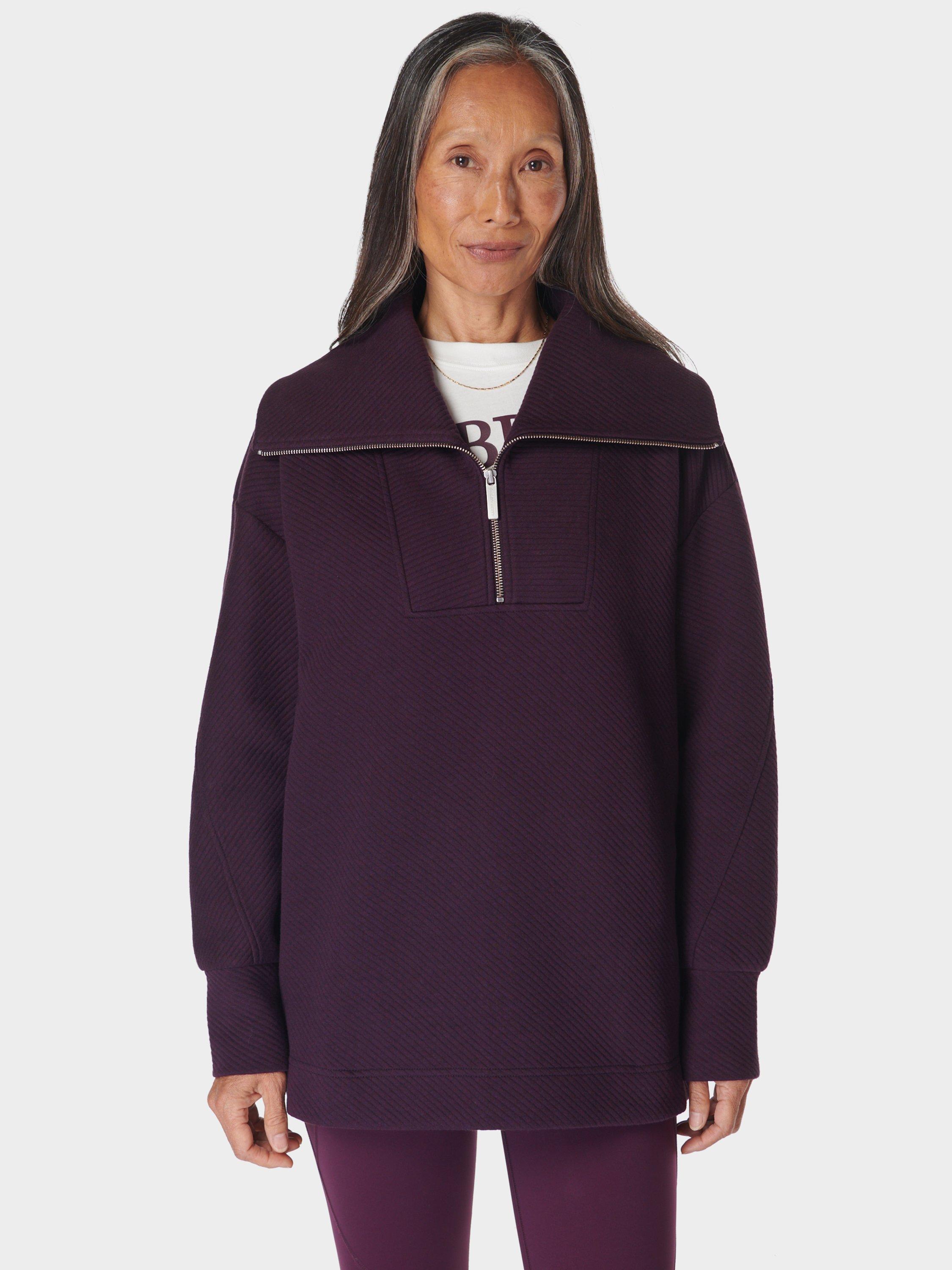 Product image 1 of 6, which shows Sweaty Betty Radiant 1/2 Zip Sweatshirt, Midnight Cherry Purple, XS