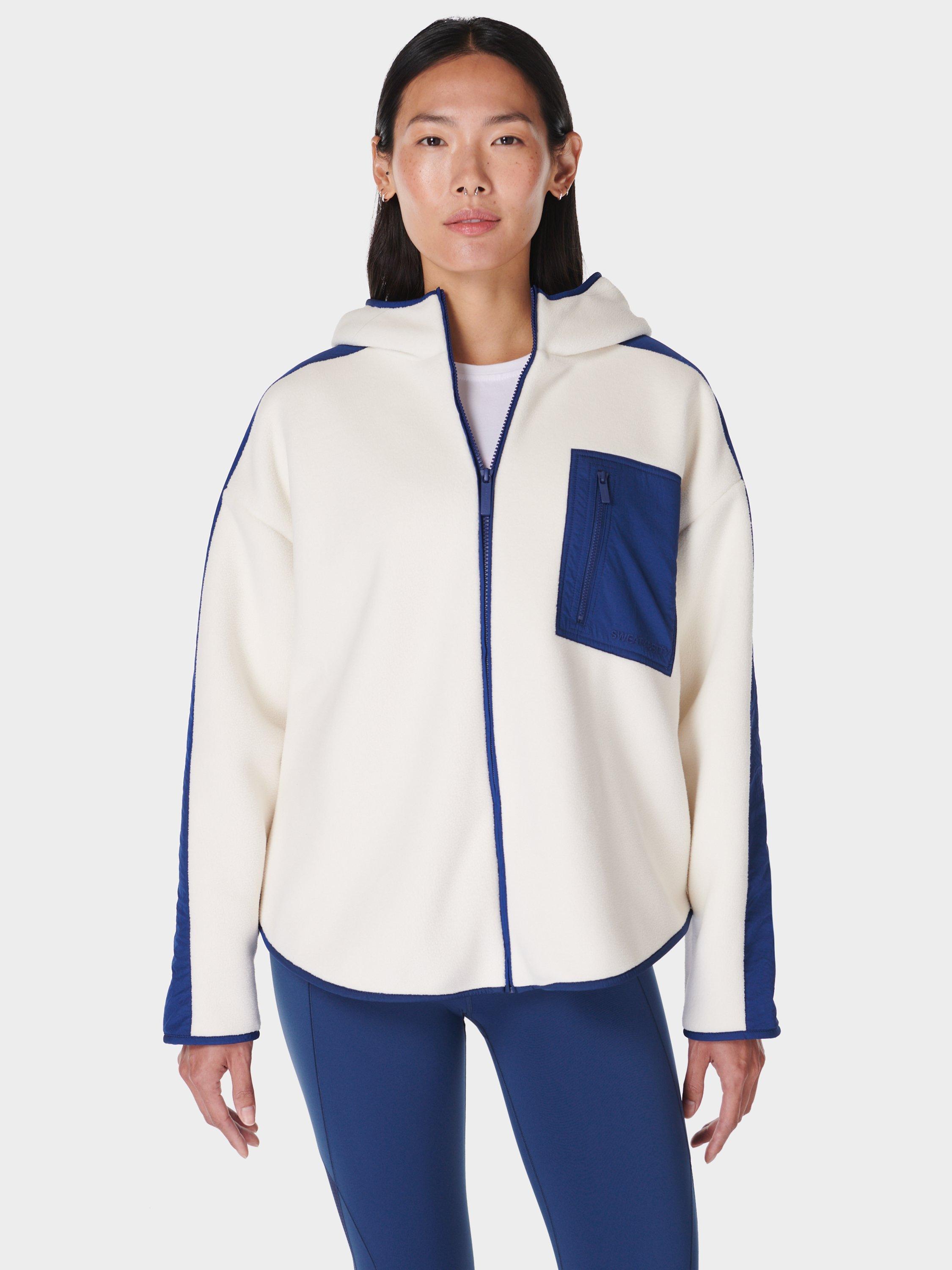 Sweaty Betty Roam Borg Zip Up Jumper, Lilywhite/Fluxblue