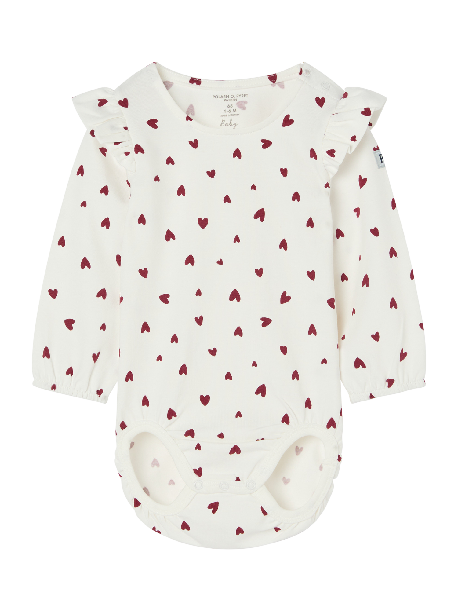 Polarn O. Pyret Baby Organic Cotton Heart Print Bodysuit, White/Red