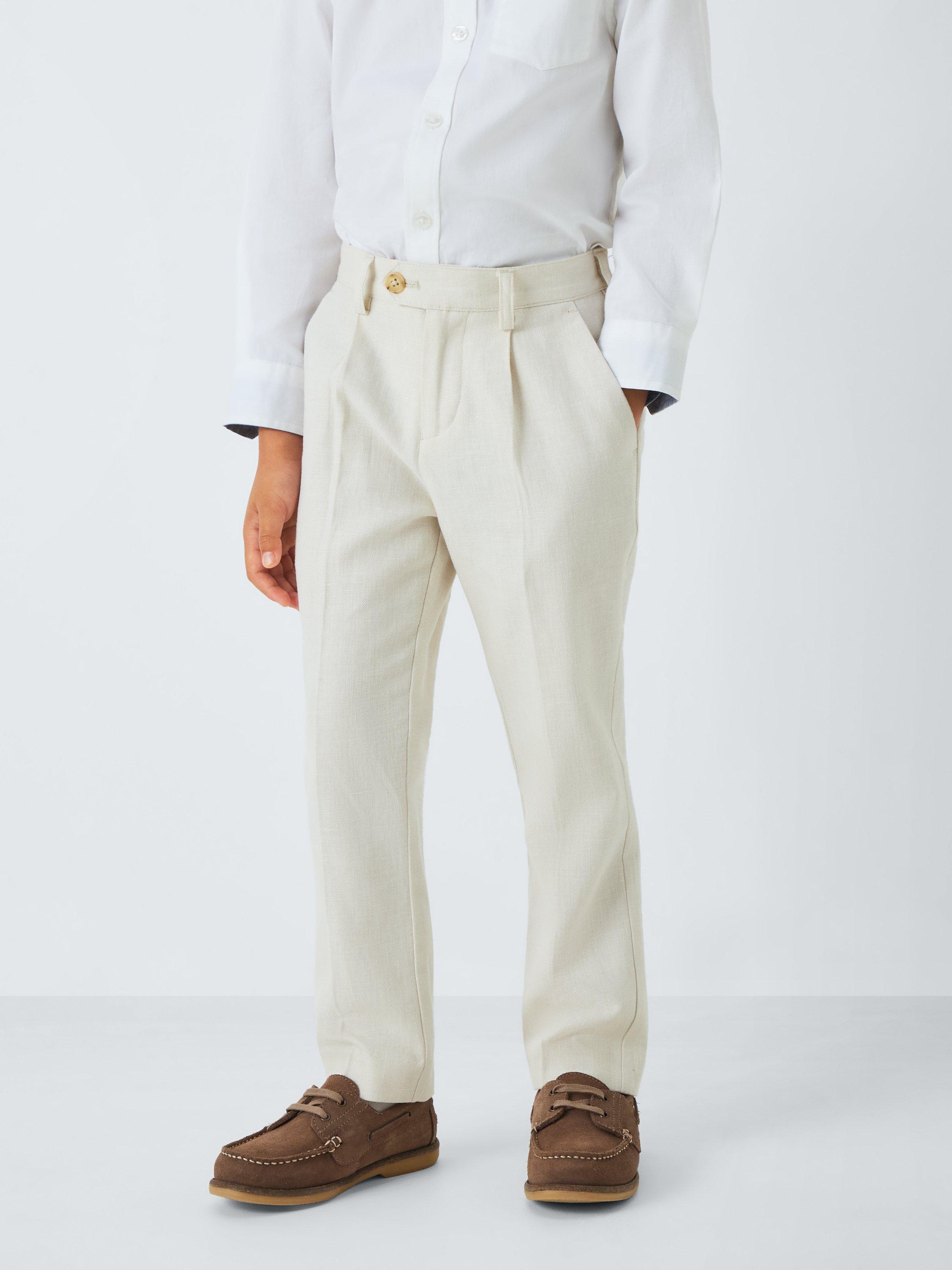 Product image 1 of 7, which shows John Lewis Heirloom Collection Kids' Straight Tailored Trousers With Linen, Cream, Brown, 2 years