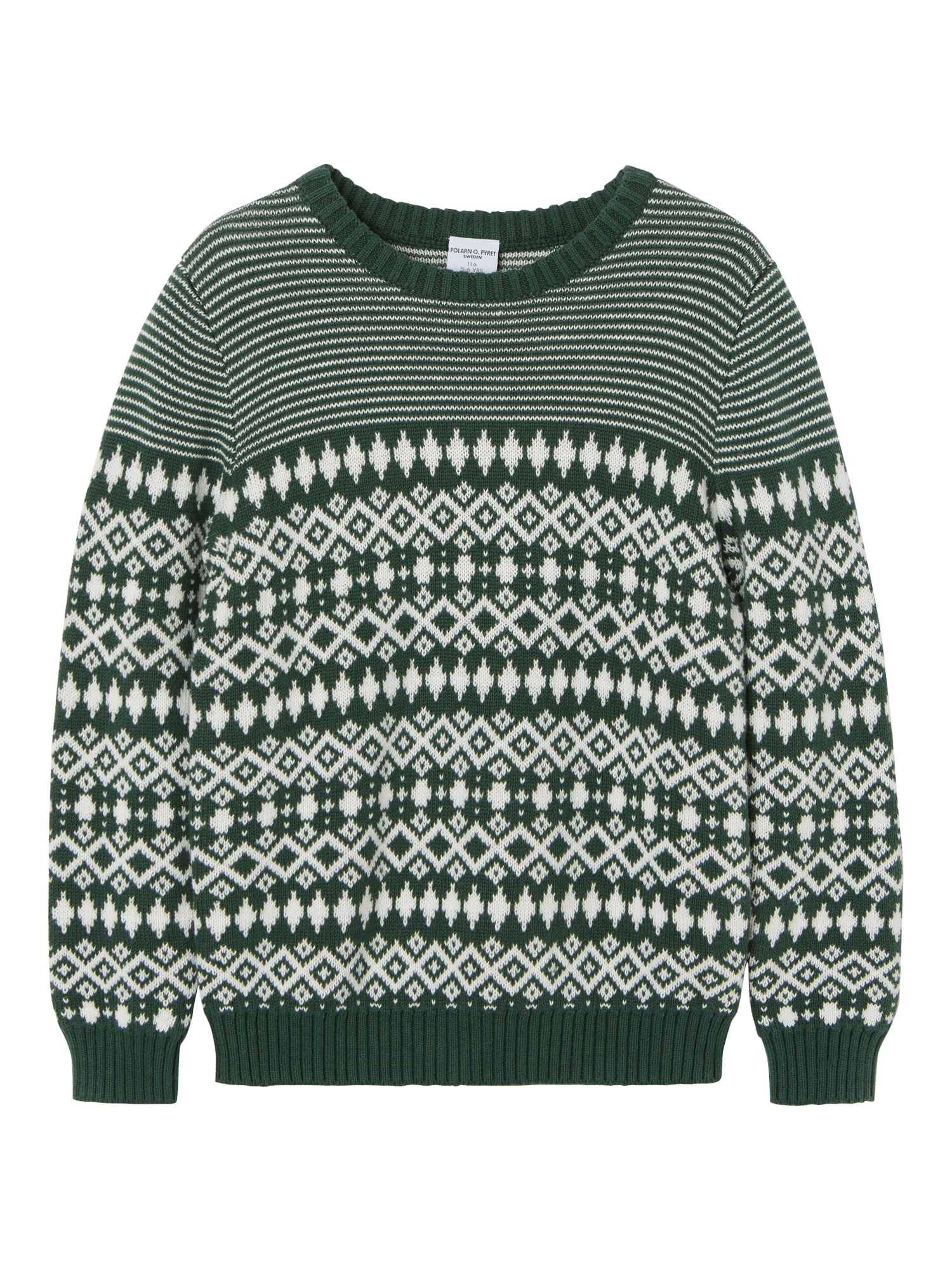 Product image 1 of 5, which shows Polarn O. Pyret Kids' Organic Cotton Christmas Jumper Fairisle Snowflake Jumper, Green, 3-4 years