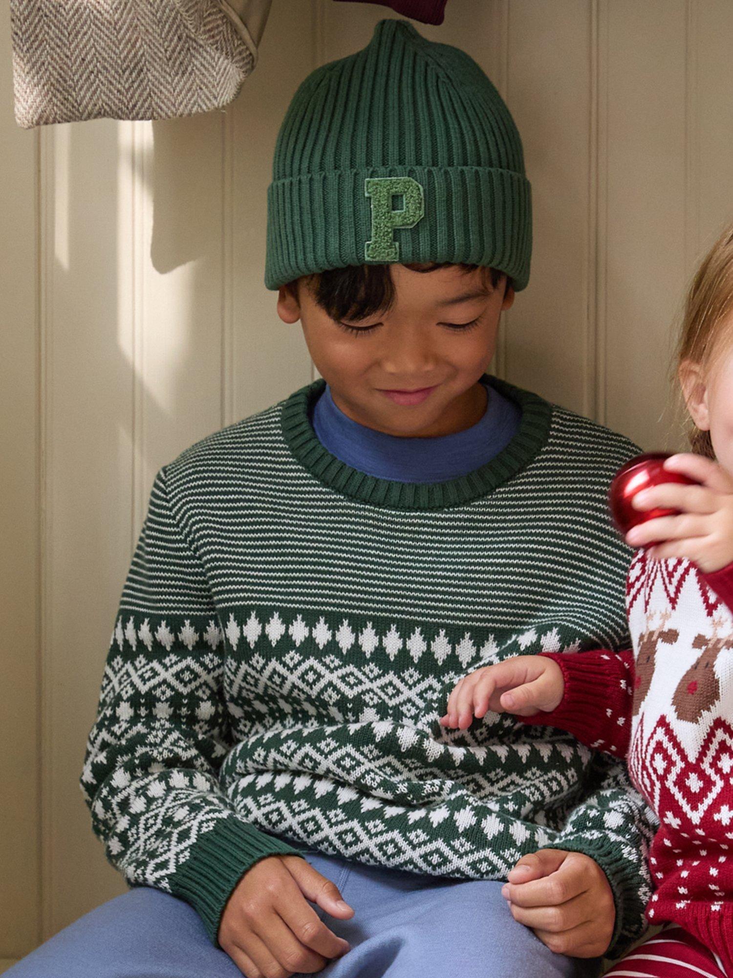 Product image 2 of 5, which shows Polarn O. Pyret Kids' Organic Cotton Christmas Jumper Fairisle Snowflake Jumper, Green, 3-4 years