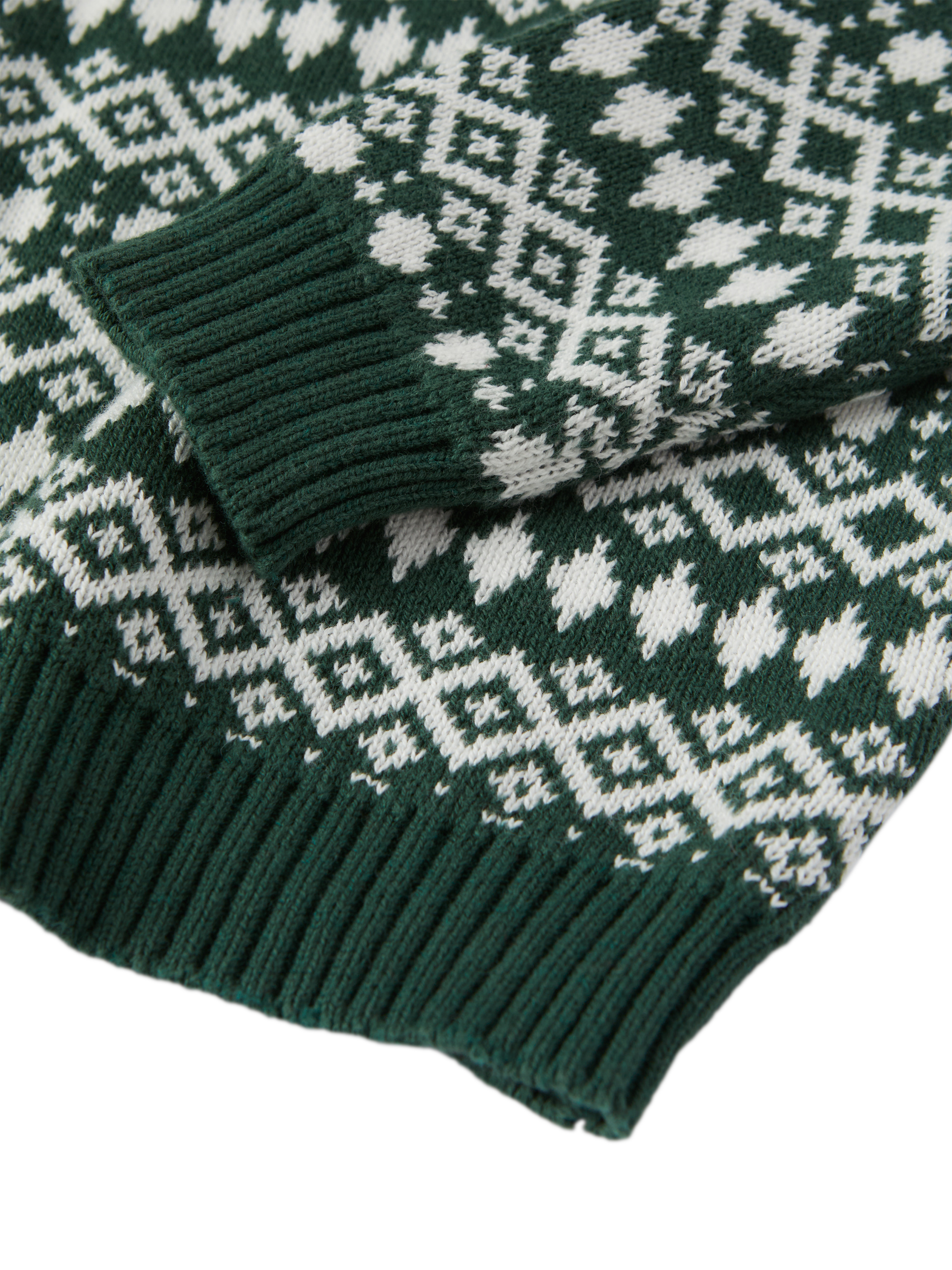Product image 3 of 5, which shows Polarn O. Pyret Kids' Organic Cotton Christmas Jumper Fairisle Snowflake Jumper, Green, 3-4 years