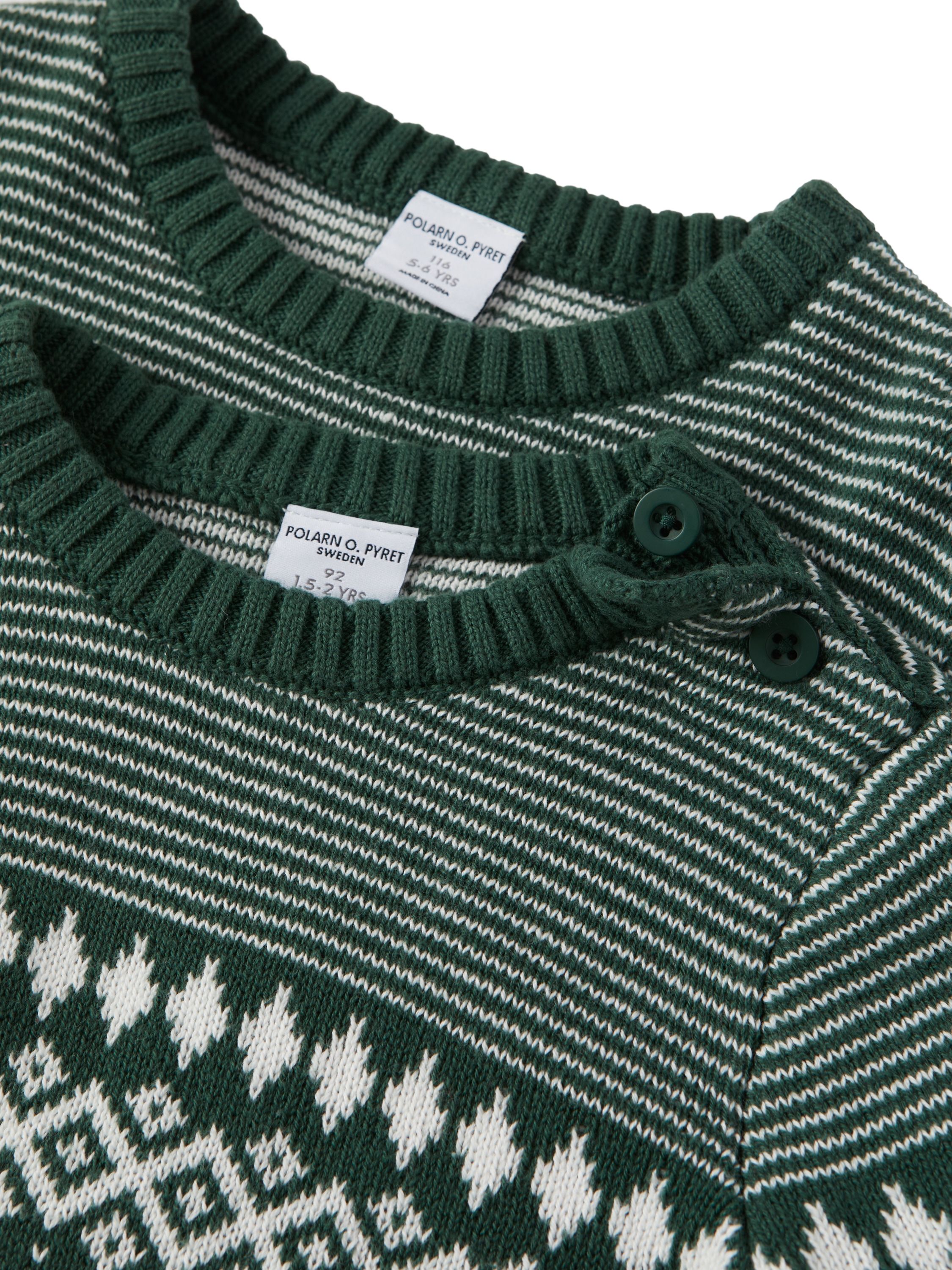 Product image 4 of 5, which shows Polarn O. Pyret Kids' Organic Cotton Christmas Jumper Fairisle Snowflake Jumper, Green, 3-4 years
