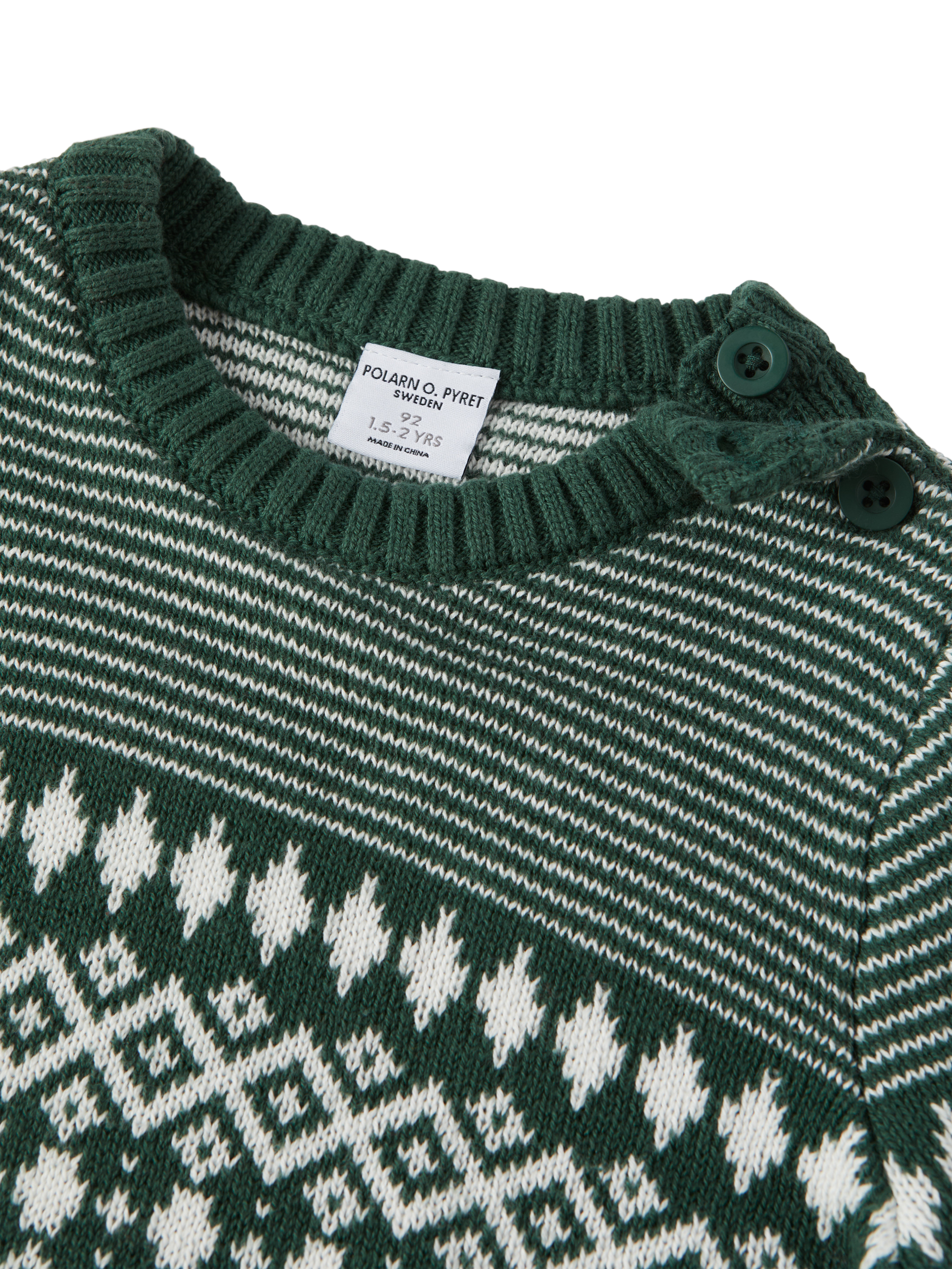Product image 5 of 5, which shows Polarn O. Pyret Kids' Organic Cotton Christmas Jumper Fairisle Snowflake Jumper, Green, 3-4 years