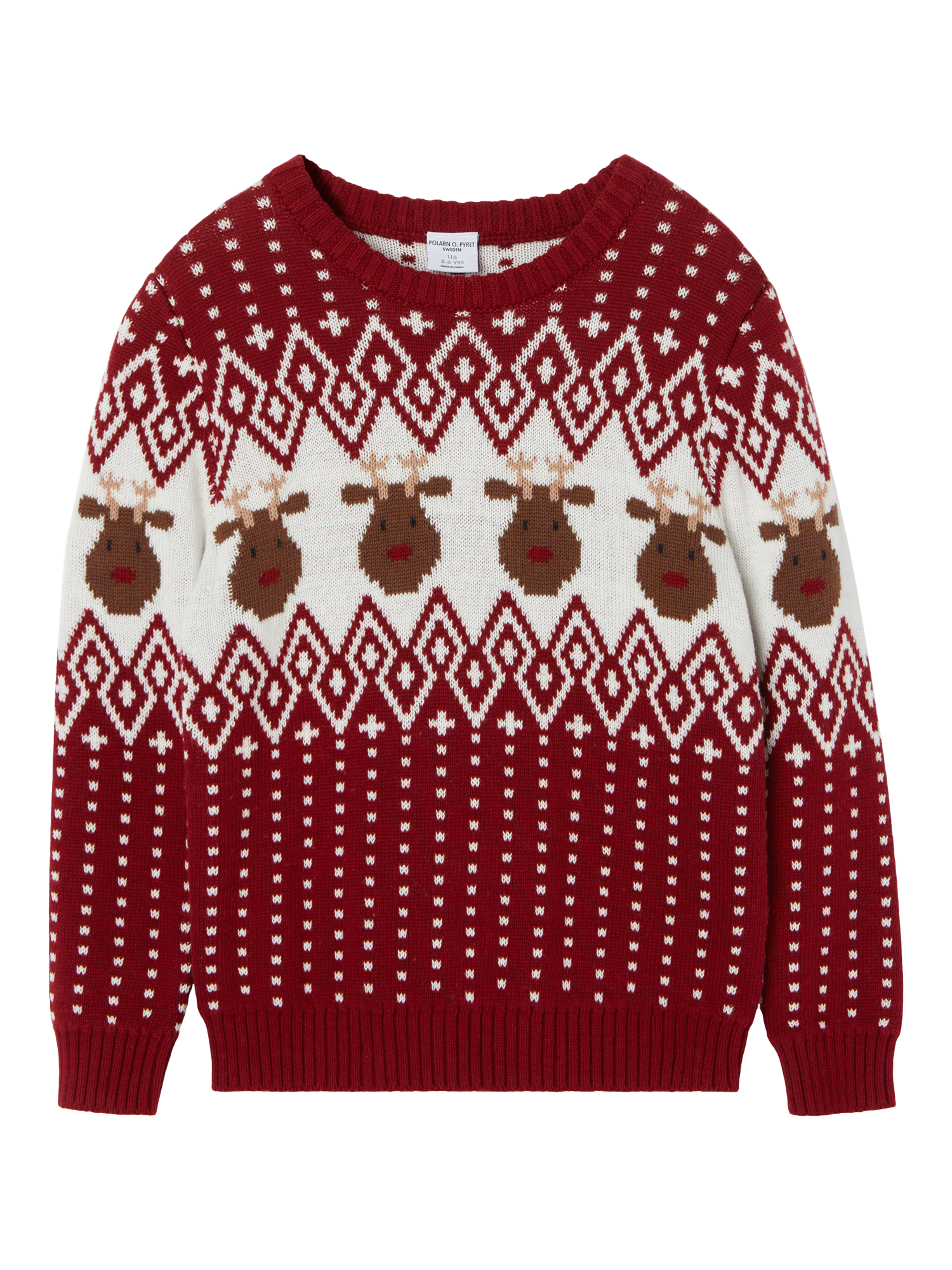 Polarn O. Pyret Kids' Organic Cotton Christmas Jumper Fairisle Reindeer Jumper, Red