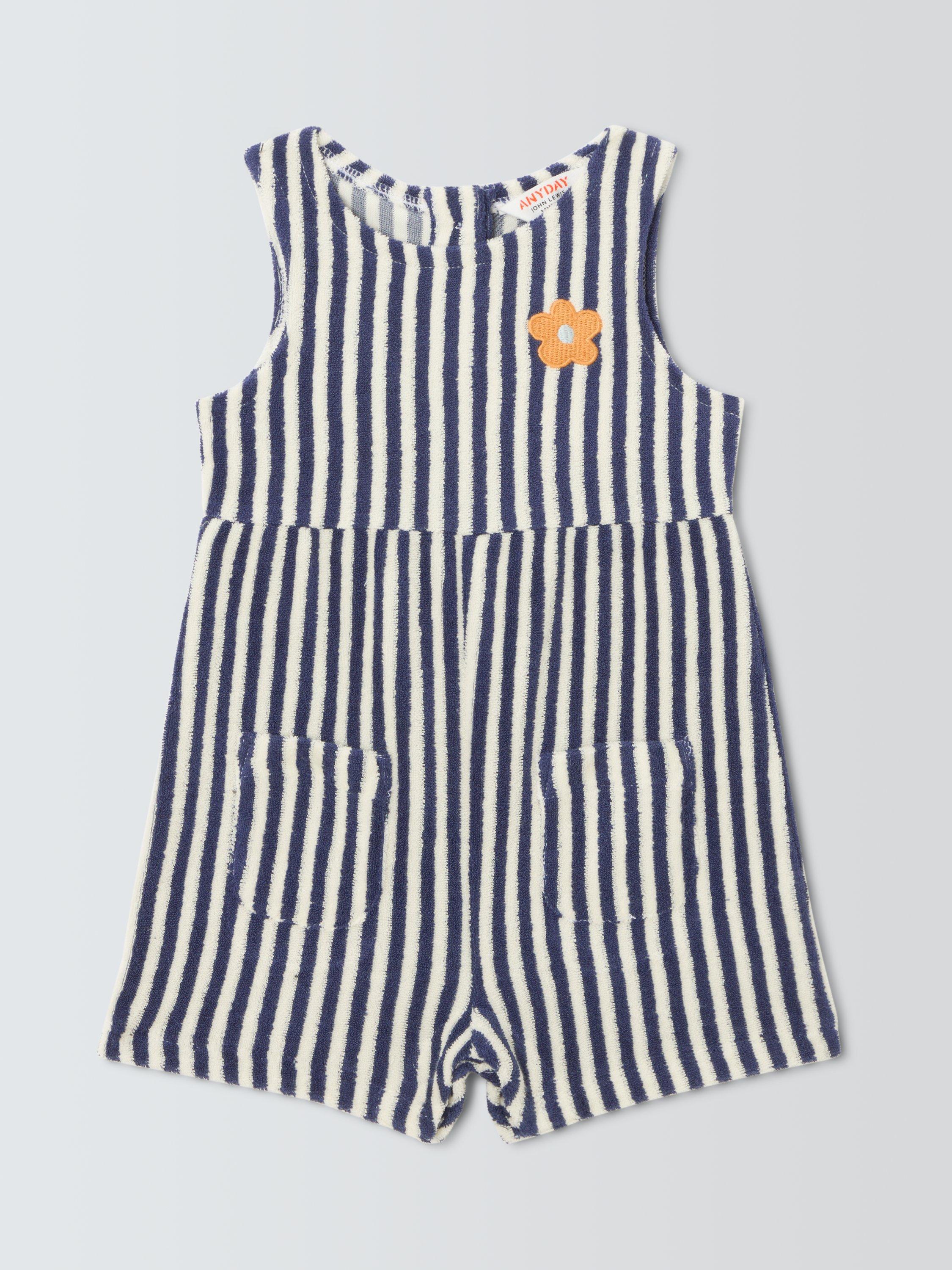 Product image 1 of 3, which shows John Lewis ANYDAY Towelling Romper Suit, Navy Stripe, 3-6 months