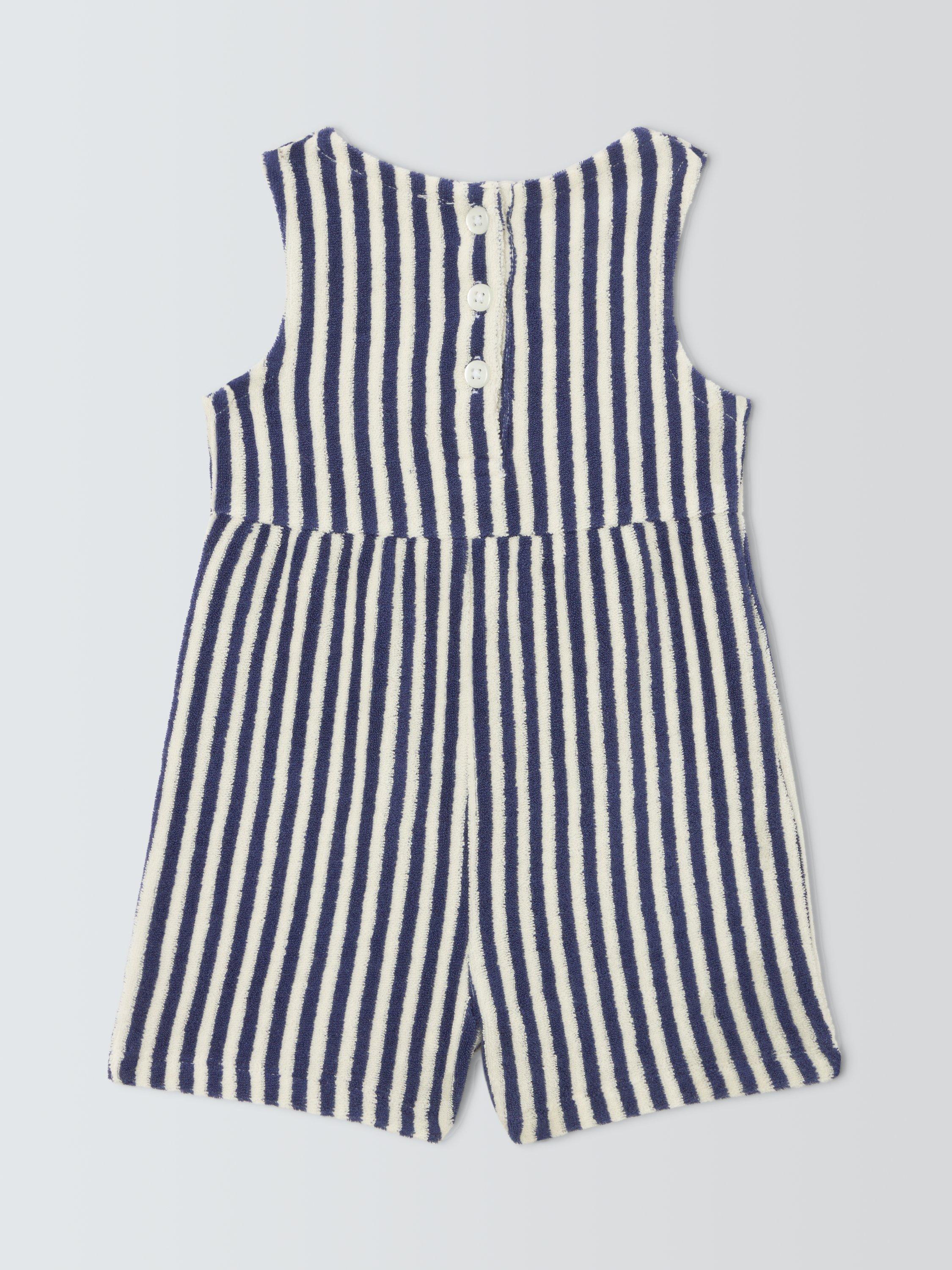 Product image 2 of 3, which shows John Lewis ANYDAY Towelling Romper Suit, Navy Stripe, 3-6 months