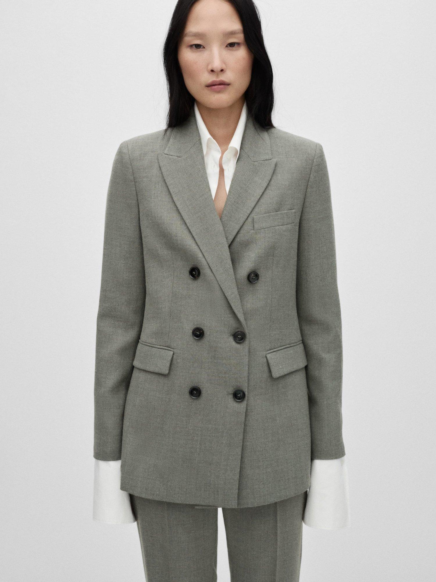 Mango Lili Double Breasted Wool Blend Blazer, Light Grey