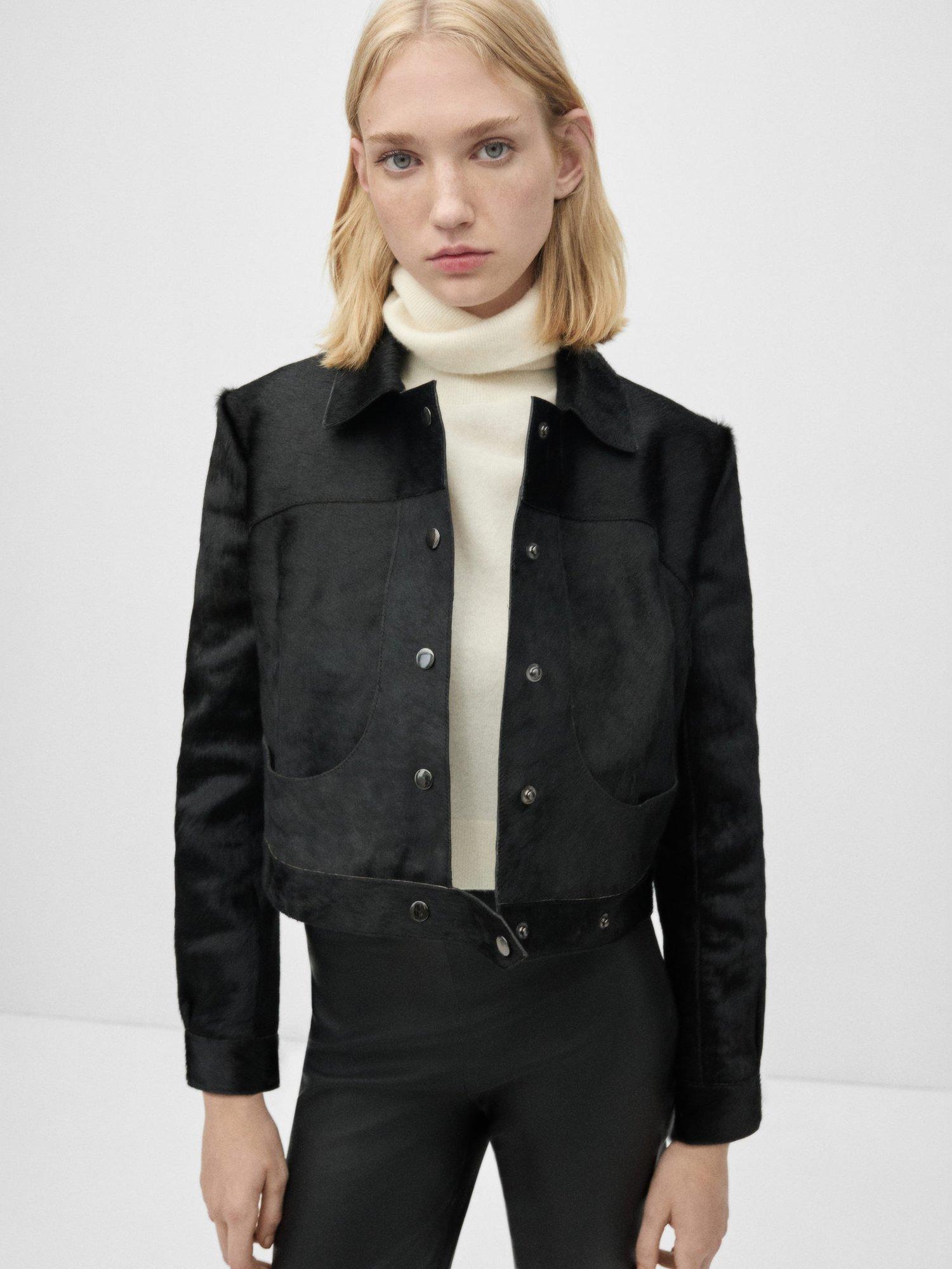 Product image 1 of 6, which shows Mango Dallas Leather Cropped Jacket, Black, M