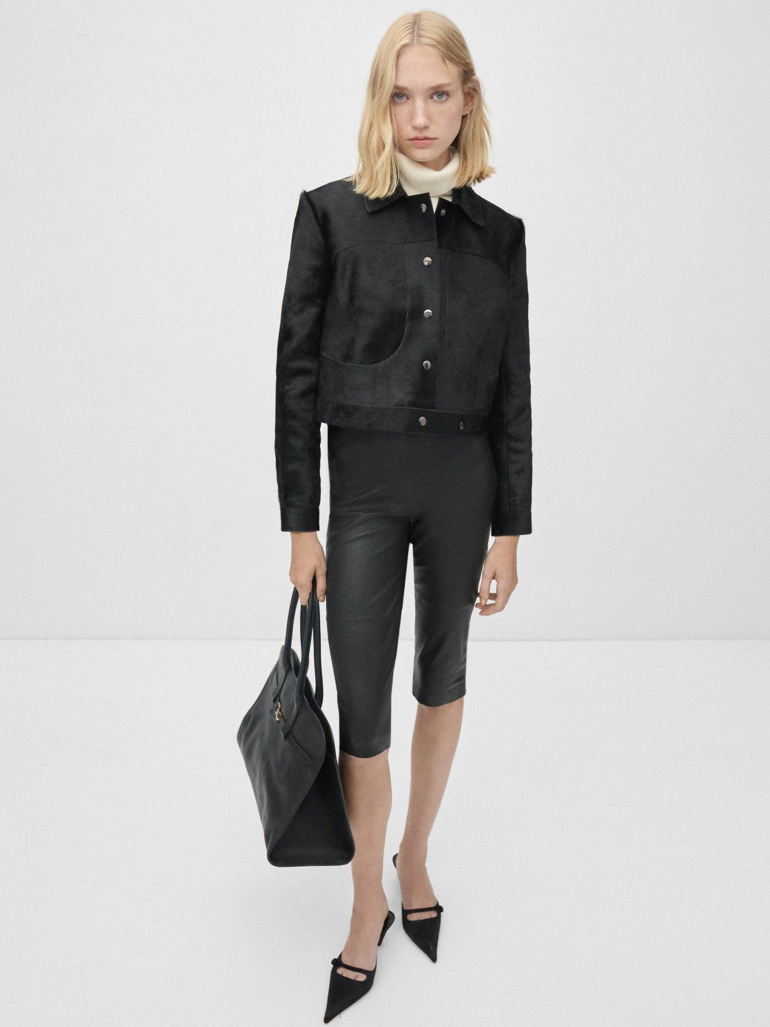 Product image 2 of 6, which shows Mango Dallas Leather Cropped Jacket, Black, M
