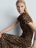 Mango Leo Leopard Print Ruched Midi Dress, Brown/Multi