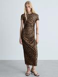 Mango Leo Leopard Print Ruched Midi Dress, Brown/Multi