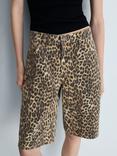 Mango Leo Leopard Print Long Denim Shorts, Brown