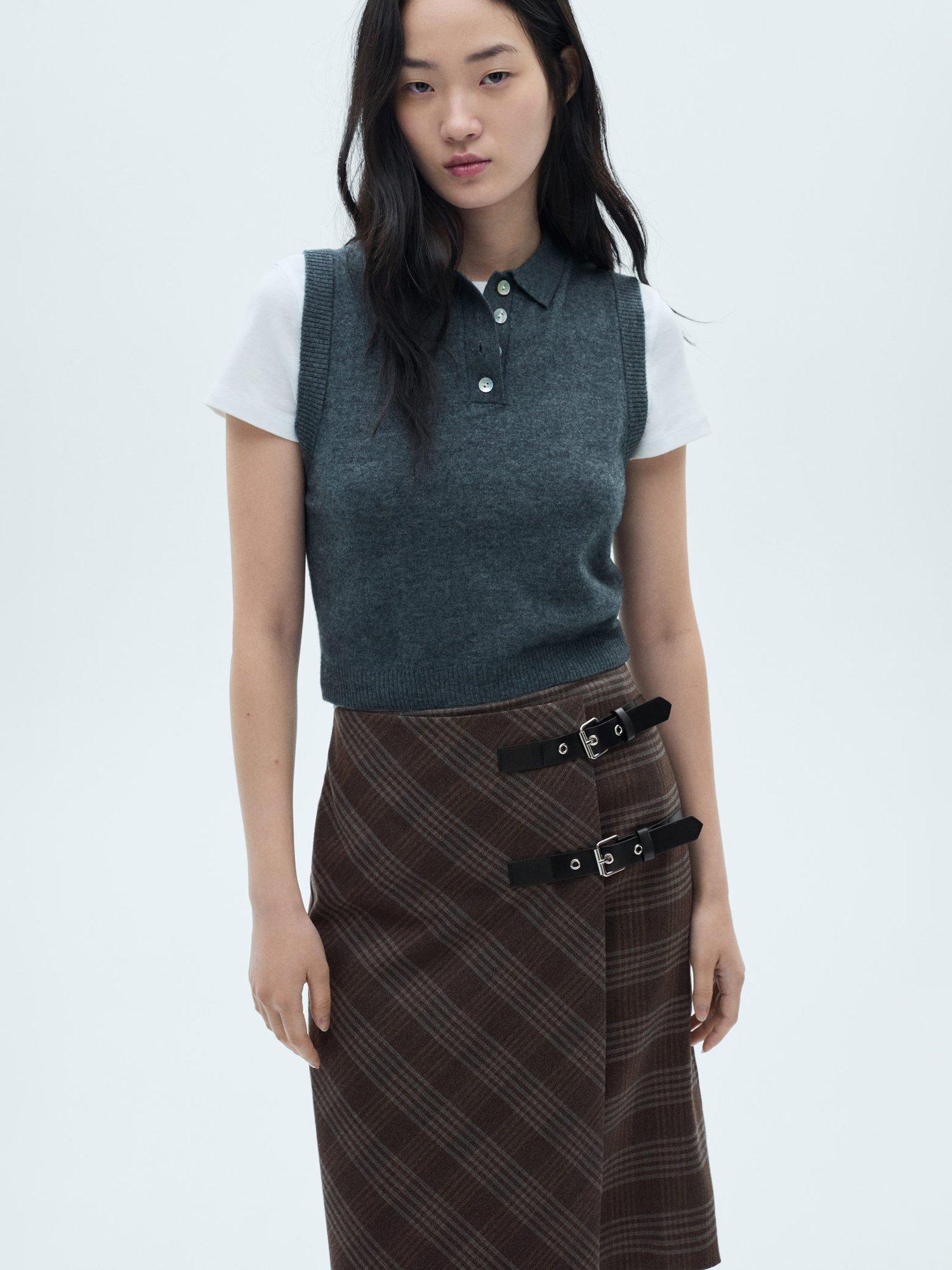 Product image 2 of 6, which shows Mango Galces Check Belt Skirt, Grey, 8