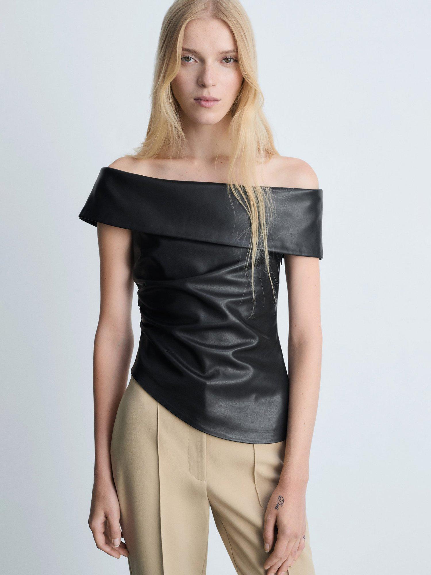 Product image 1 of 6, which shows Mango Robbie Faux Leather Off Shoulder Top, Black, S