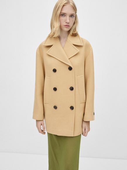 Mango Modena Wool Blend Double Breasted Coat, Sand, Sand