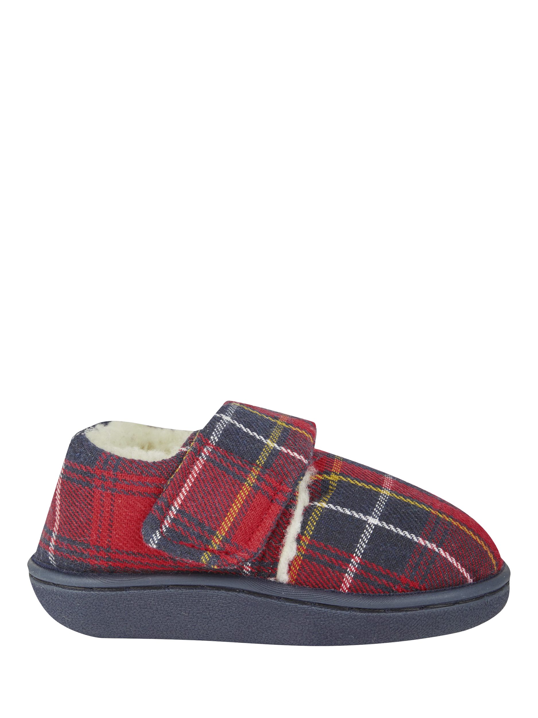 Product image 1 of 4, which shows JoJo Maman Bébé Kids' Tartan Easy-On Slipper Shoes, Red/Multi, EU21