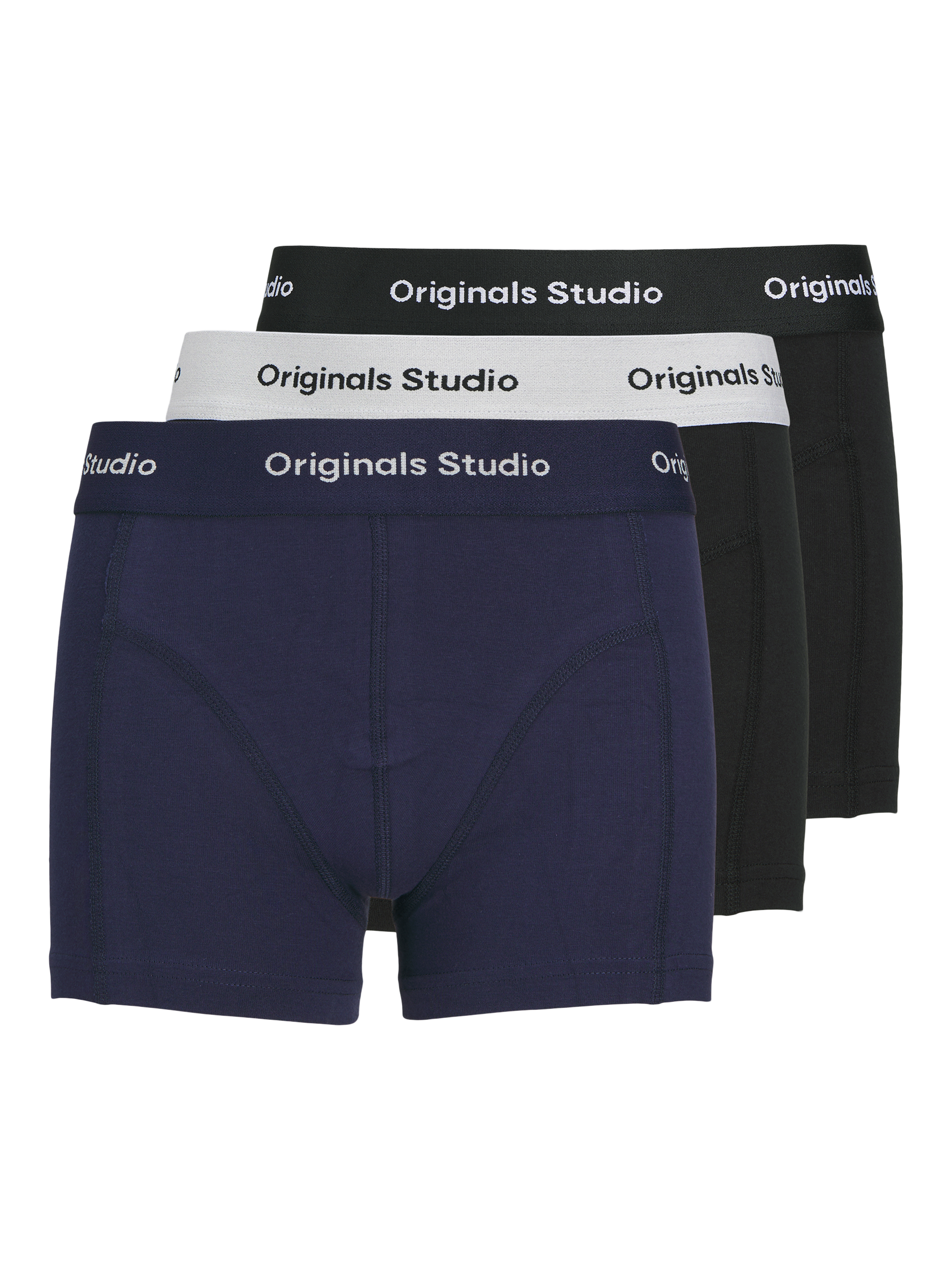 Product image 1 of 2, which shows Jack & Jones Kids' Cotton Blend Solid Trunks, Pack of 3, Ocean/Black, 8 years