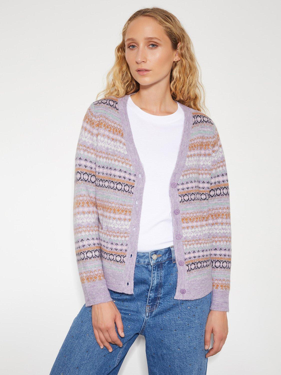Product image 1 of 6, which shows Monsoon Fliss Fair Isle Cardigan, Lilac, XXL