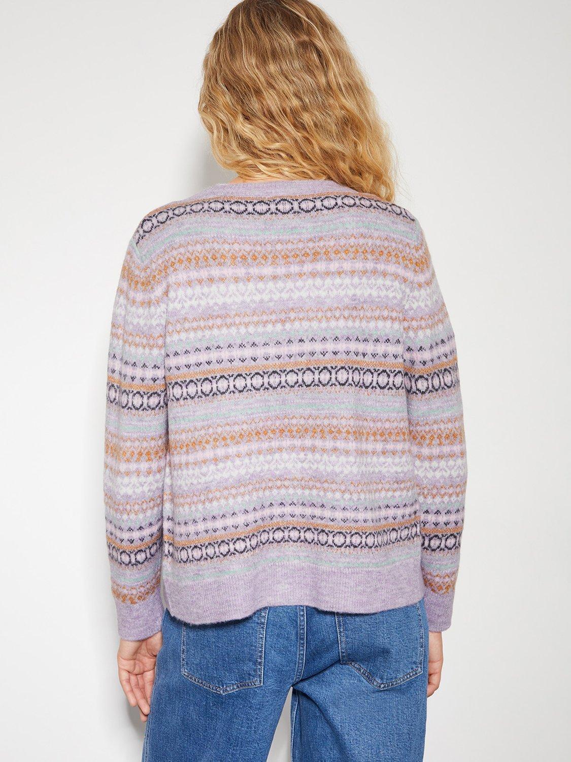 Product image 2 of 6, which shows Monsoon Fliss Fair Isle Cardigan, Lilac, XXL