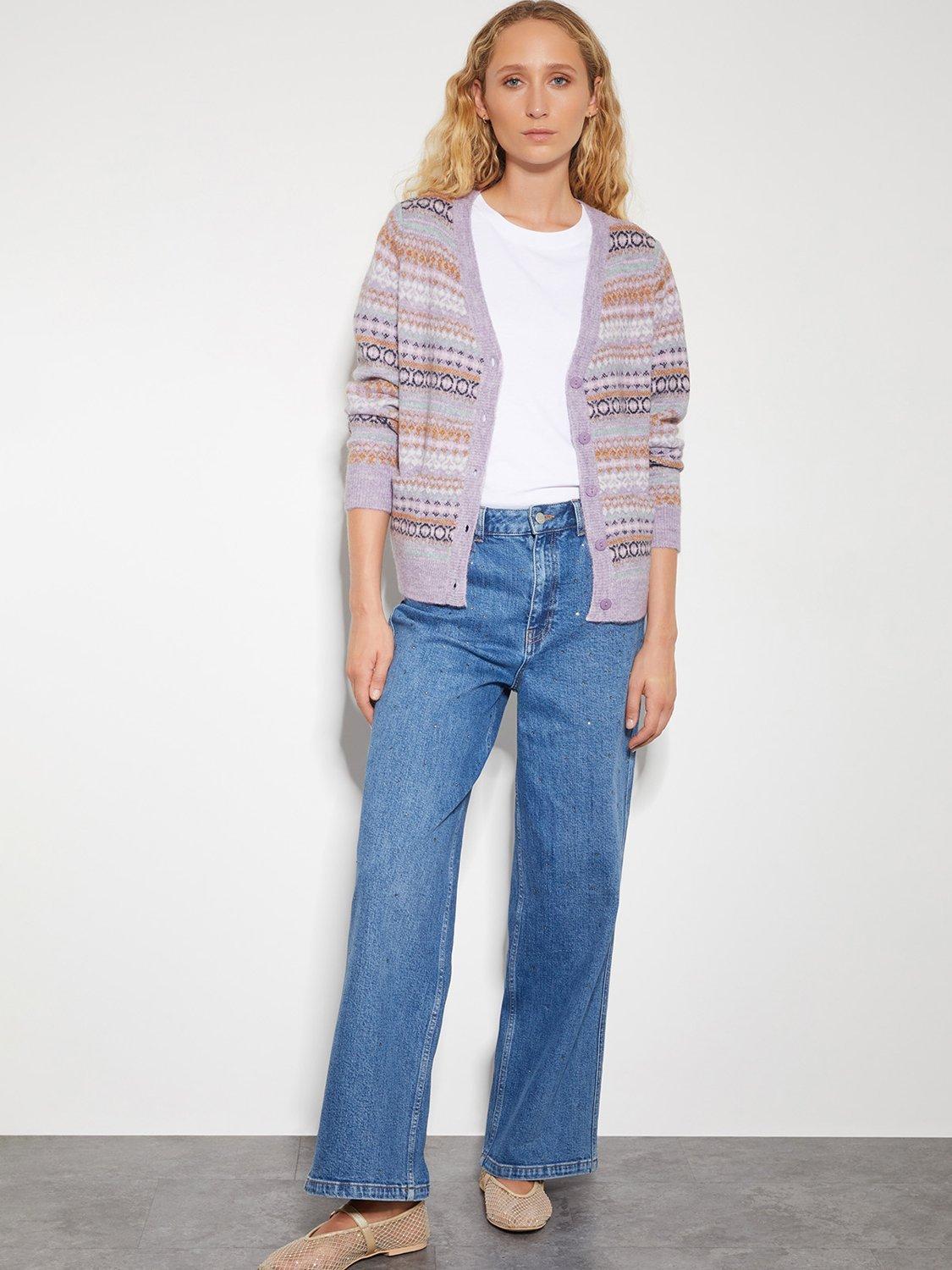 Product image 3 of 6, which shows Monsoon Fliss Fair Isle Cardigan, Lilac, XXL