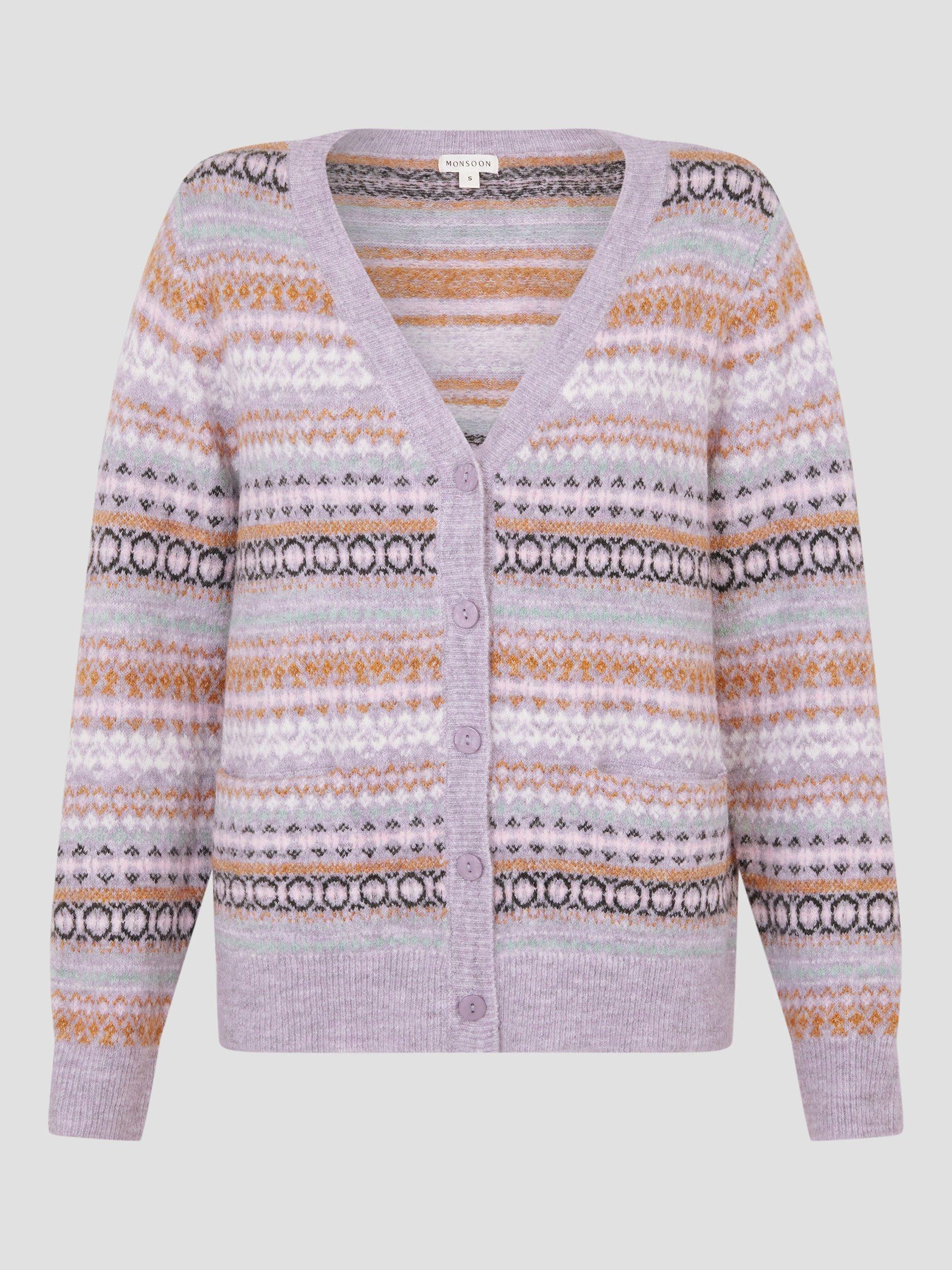 Product image 4 of 6, which shows Monsoon Fliss Fair Isle Cardigan, Lilac, XXL