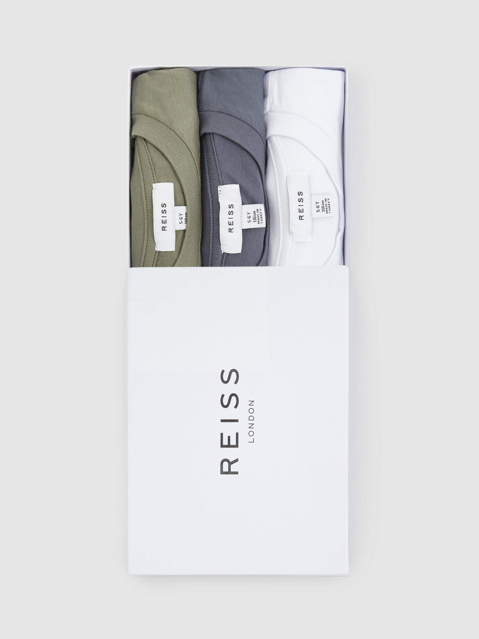 Product image 3 of 5, which shows Reiss Kids' Bless Crew Neck Cotton T-Shirt, Pack of 3, White/Lichen Green/Steel Blue, 13-14 years