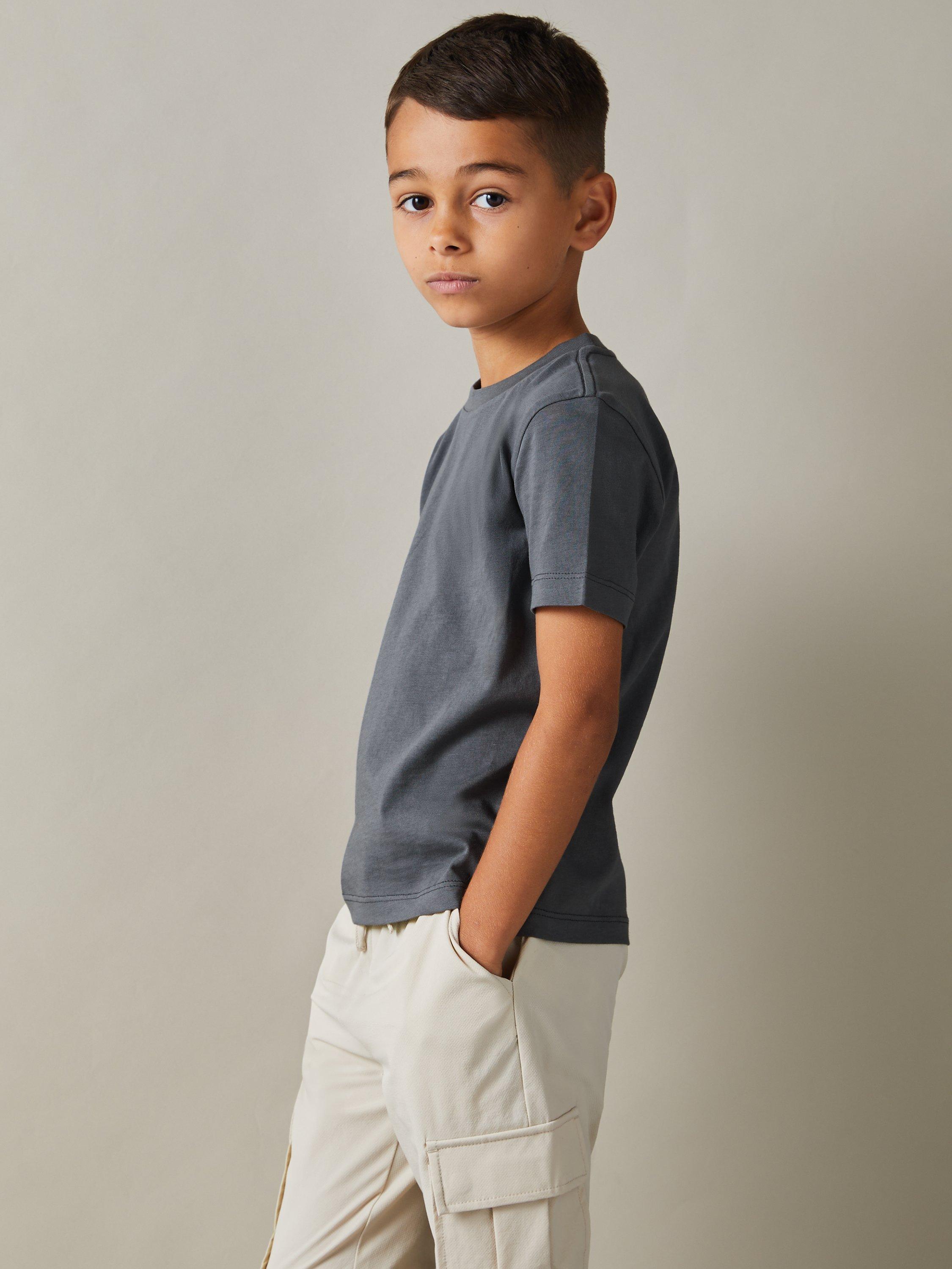 Product image 5 of 5, which shows Reiss Kids' Bless Crew Neck Cotton T-Shirt, Pack of 3, White/Lichen Green/Steel Blue, 13-14 years