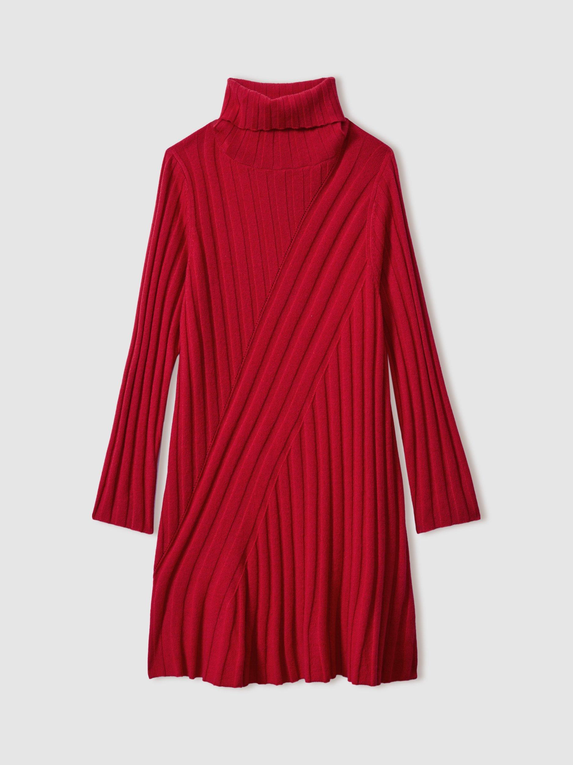 Product image 2 of 4, which shows Reiss Kids' Cady Wool Cashmere Blend Roll Neck Jumper Dress, Red, 4-5 years