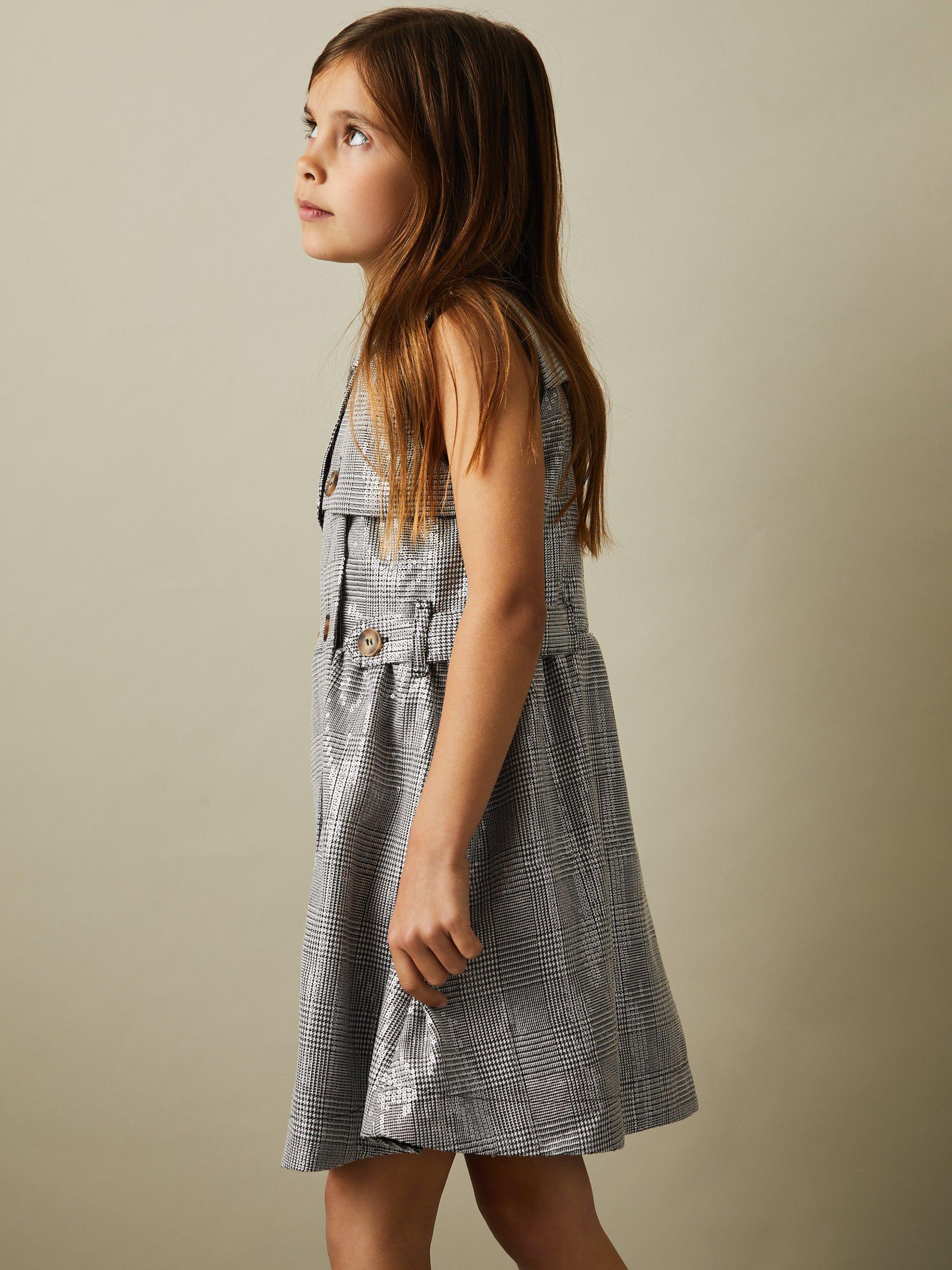 Product image 1 of 4, which shows Reiss Kids' Gweneth Sequin Dogtooth Sleeveless Dress, Black/White, 4-5 years