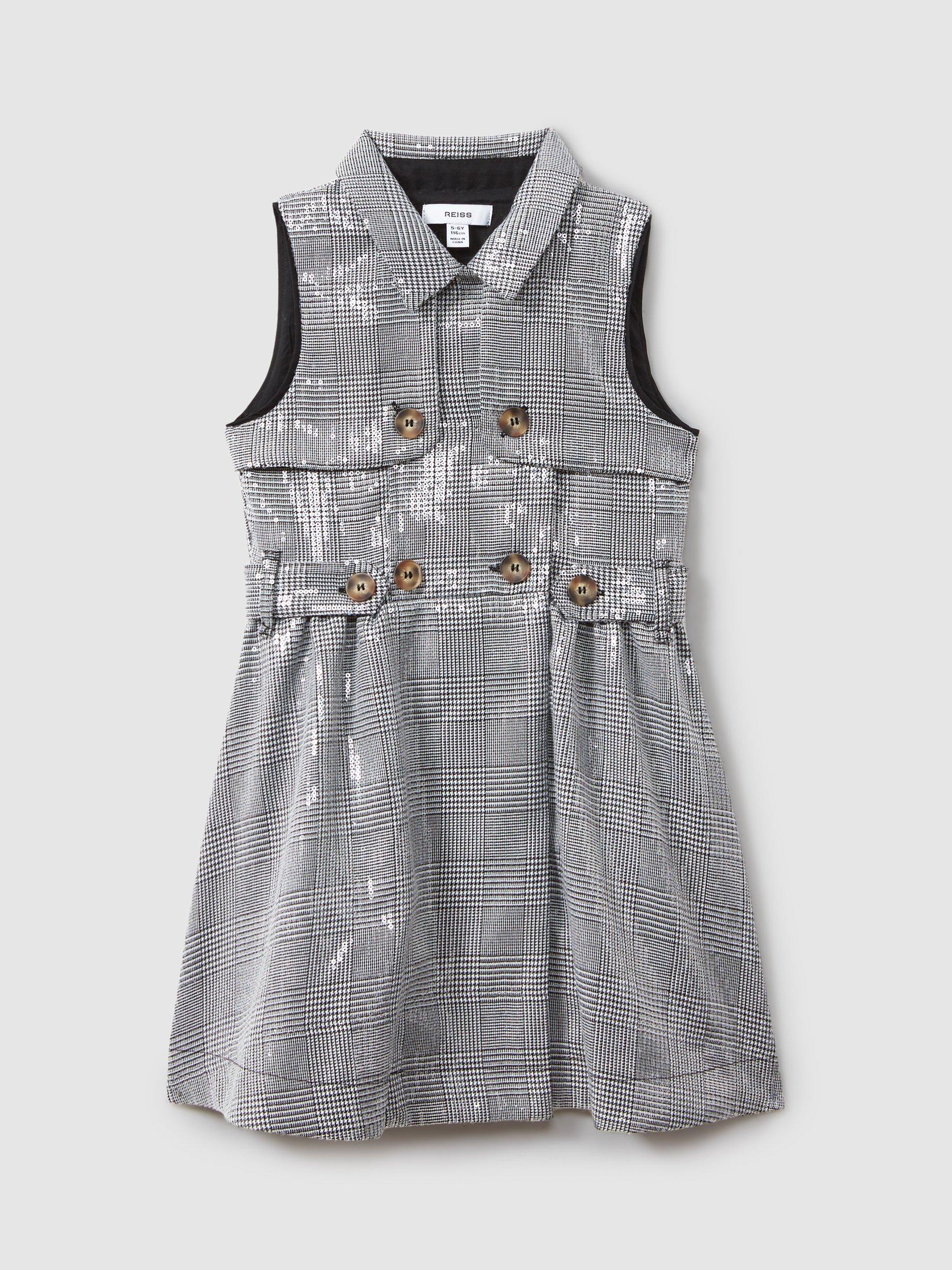 Product image 2 of 4, which shows Reiss Kids' Gweneth Sequin Dogtooth Sleeveless Dress, Black/White, 4-5 years