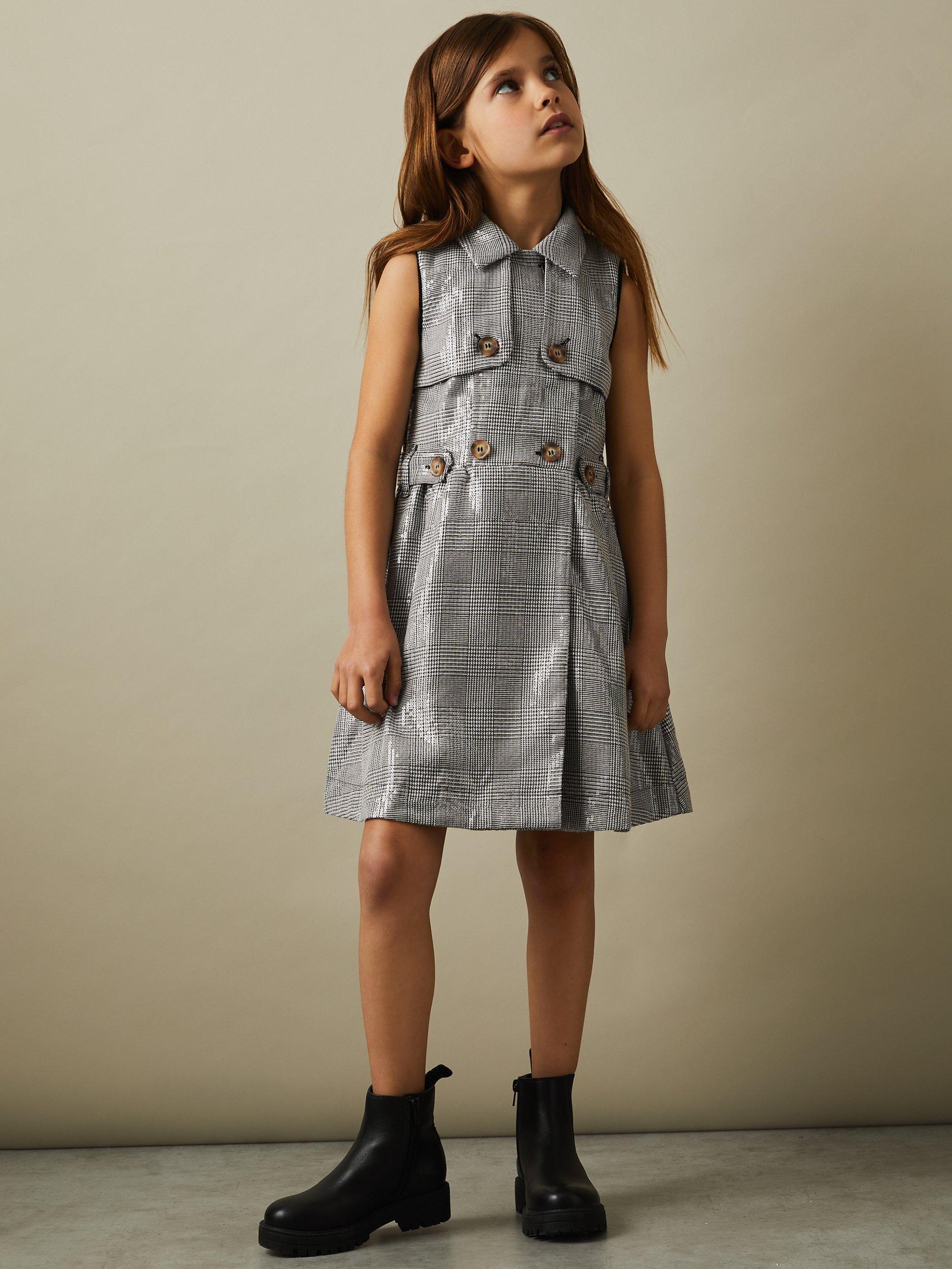 Product image 3 of 4, which shows Reiss Kids' Gweneth Sequin Dogtooth Sleeveless Dress, Black/White, 4-5 years