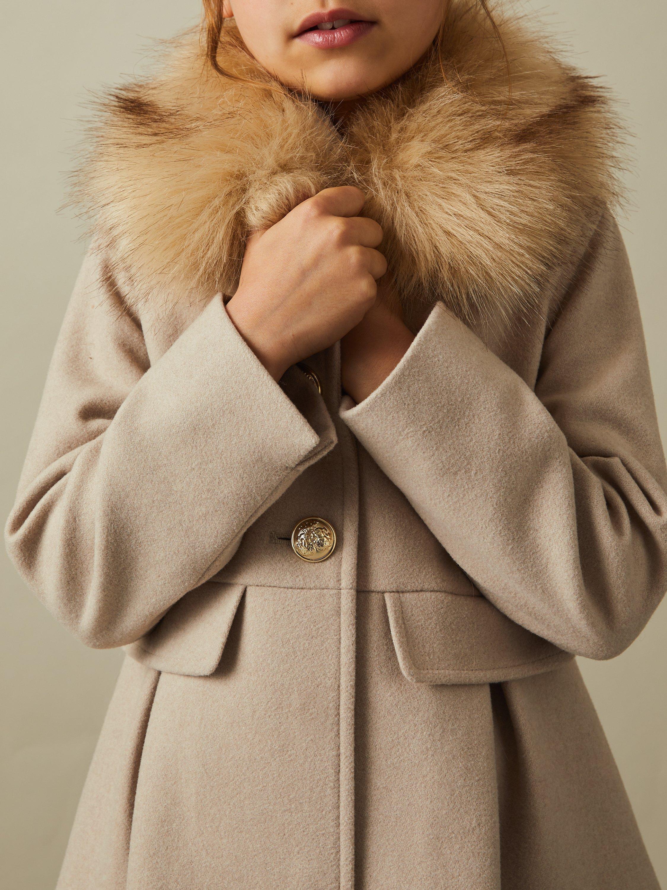 Reiss Kids Nicole Wool Blend Faux Fur Collar Coat Oatmeal