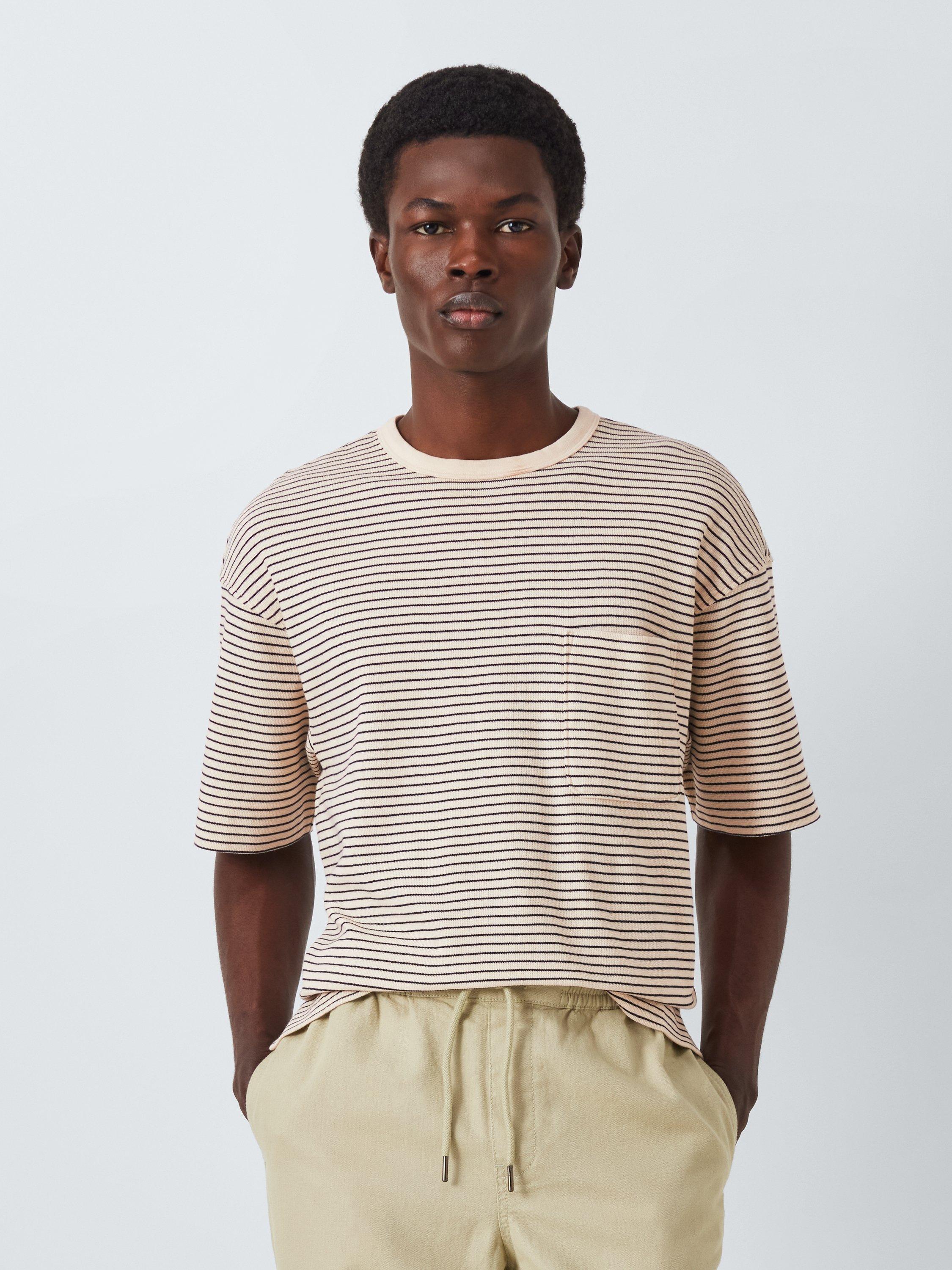 John Lewis Relaxed Fit Striped Cotton T-Shirt, Natural/Navy