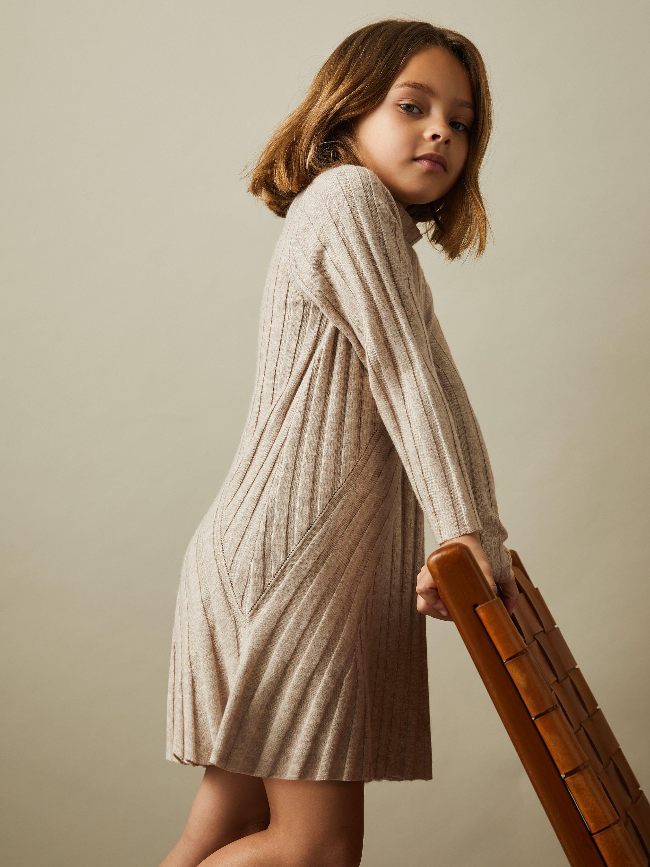 Product image 1 of 4, which shows Reiss Kids' Cady Wool Cashmere Blend Roll Neck Jumper Dress, Oatmeal, 5-6 years