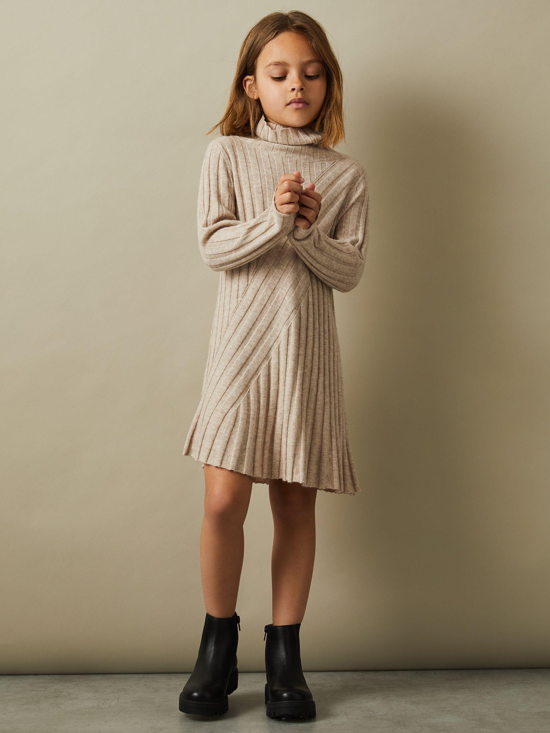 Product image 3 of 4, which shows Reiss Kids' Cady Wool Cashmere Blend Roll Neck Jumper Dress, Oatmeal, 5-6 years