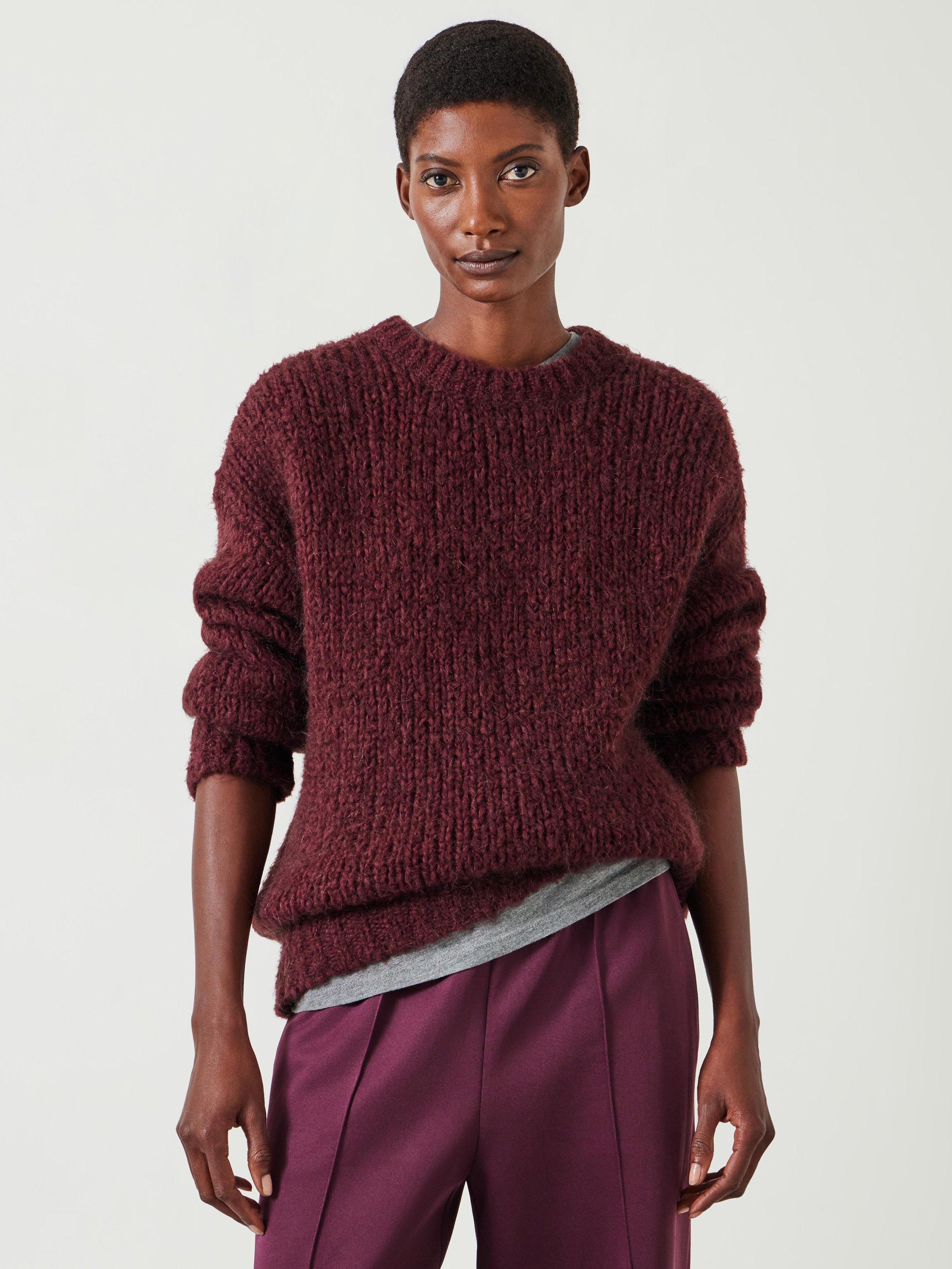 Product image 1 of 5, which shows HUSH Tammy Wool Mohair Blend Textured Crew Jumper, Wine Red, XXS