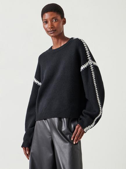 HUSH Whitney Wool Blend Stitch Detail Oversized Jumper, Black Base W Ivory