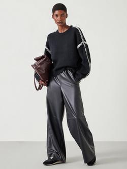 HUSH Whitney Wool Blend Stitch Detail Oversized Jumper - view 2, Black Base W Ivory